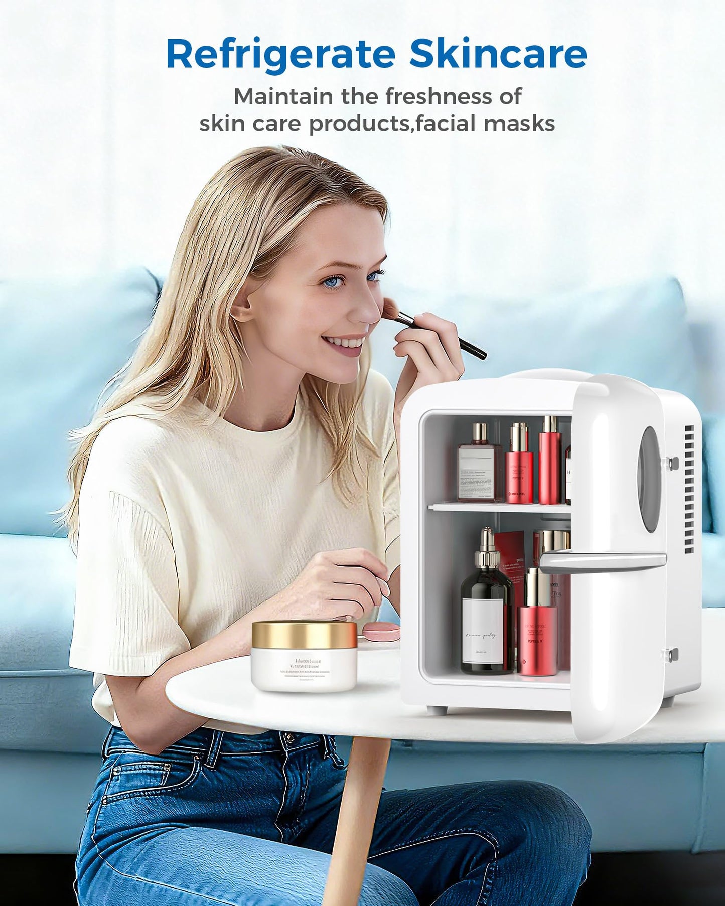 Electactic Mini Fridge for Bedroom, 4L/6 Cans Small Cosmetic Fridge for Skincare, Makeup & Drink, With Observation Window, Portable Desk Fridge Cooler and Warmer for Kids, Car, Office, Dorm, White