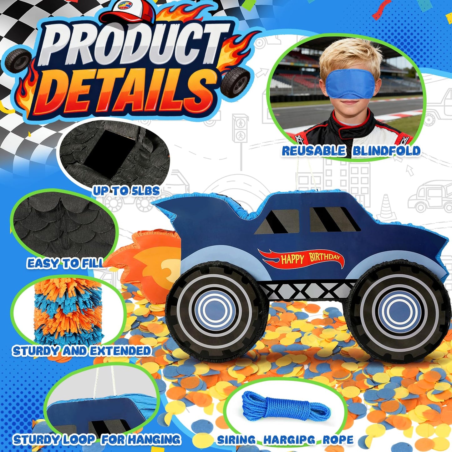 27" Race Car Piñata, Monster Truck Pinata Bundle with Blindfold and Bat Party Favors for Kids Boys Exciting Party Games Supplies