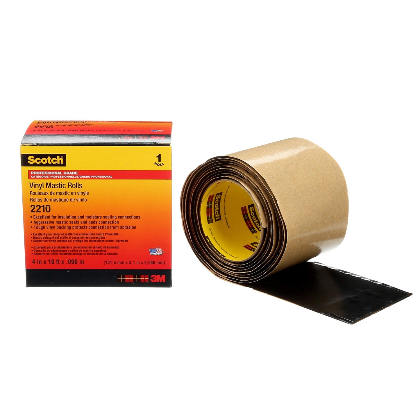 3M Scotch Vinyl Mastic Roll Electrical Tape 2210, 4 inch x 10 feet, Black, Self-Fusing Rubber Tape for Insulating and Moisture Seal
