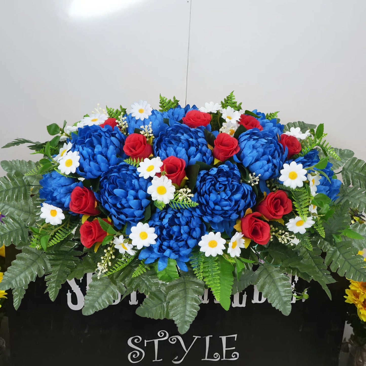 MHMJON Artificial Saddle Flowers for Cemetery Headstone, Realistic Red White Blue Flowers Fake Mums Silk Rose Floral Arrangement Saddle for Headstone Grave Tombstone 4th of July Decor