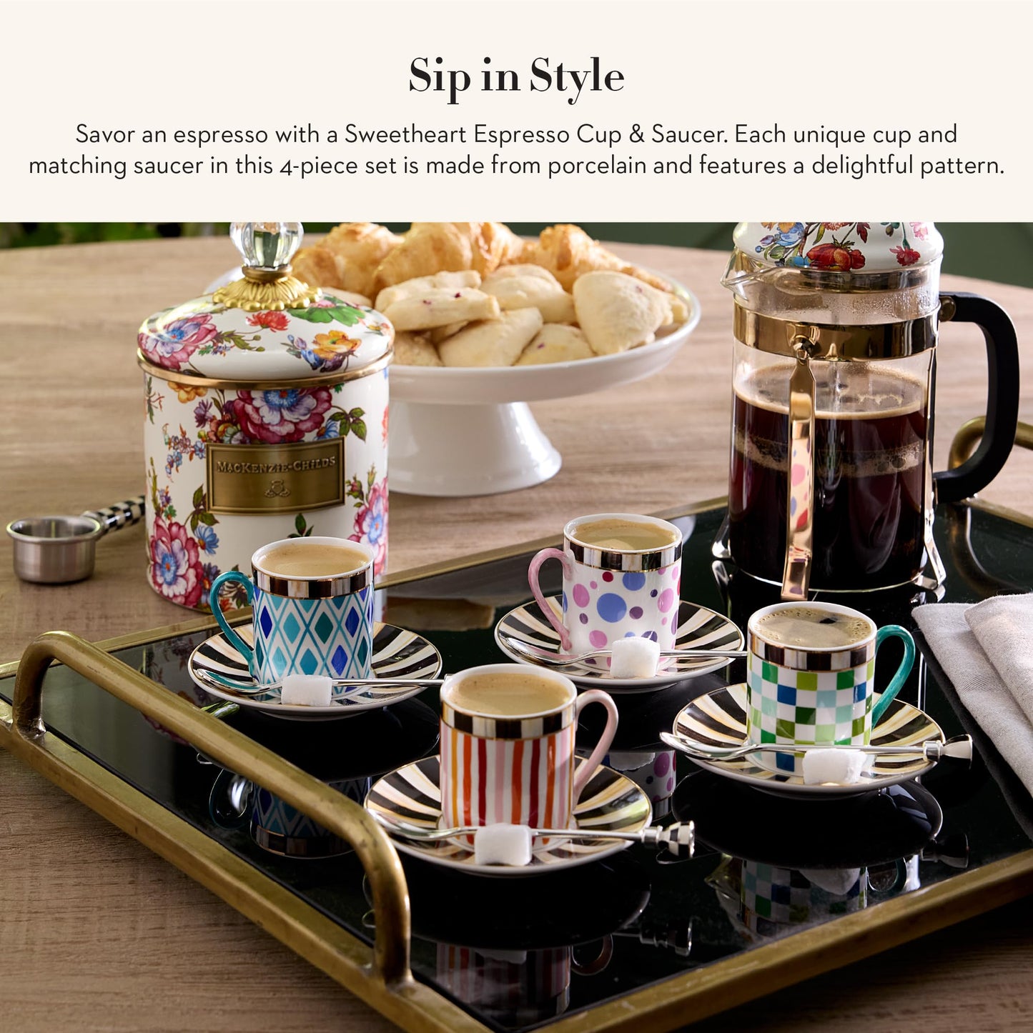 MACKENZIE-CHILDS Sweetheart Espresso Cup and Saucer Set, Cute Porcelain Espresso Cups and Saucers for Coffee, Set of 4