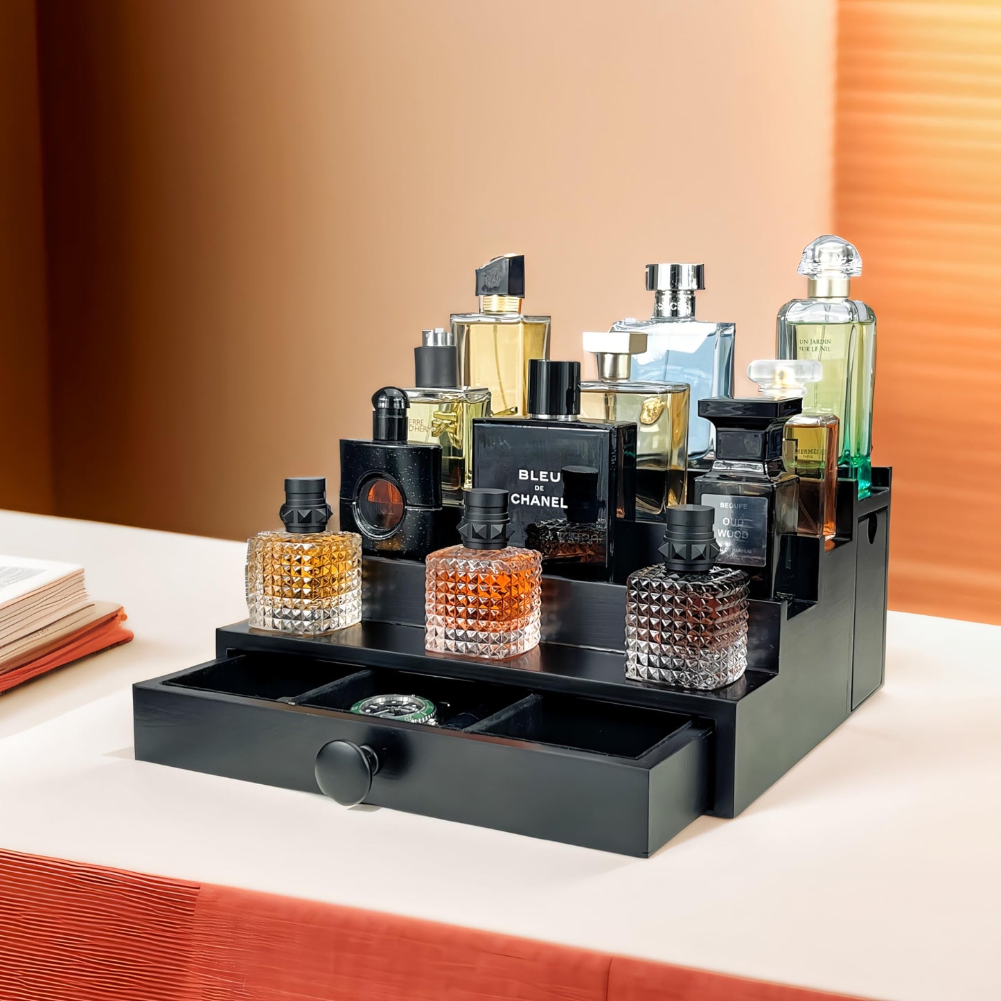 Wooden Cologne Organizer For Men 4 Tier Black | High Grade Velvet Lining and Stylish Gift Box | Double Side Compartment | Space Aid Cologne Holder | Perfume Display Stand | Men's Room Essential