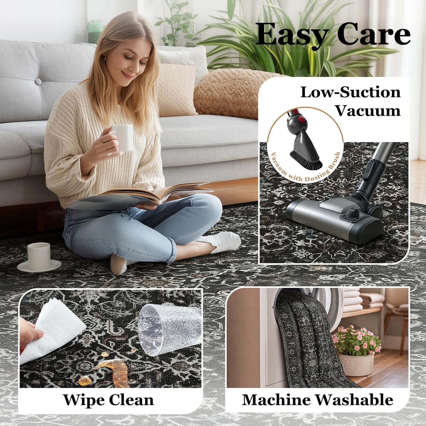 Jainmy Dark 5x7 Area Rugs for Living Room Bedroom, Washable Non Slip Low Pile Thin Soft Carpet Rugs for Dining Room/Kitchen/Home Office/Nursery, Vintage Farmhouse Earth Tone Midnight with Gray Accents