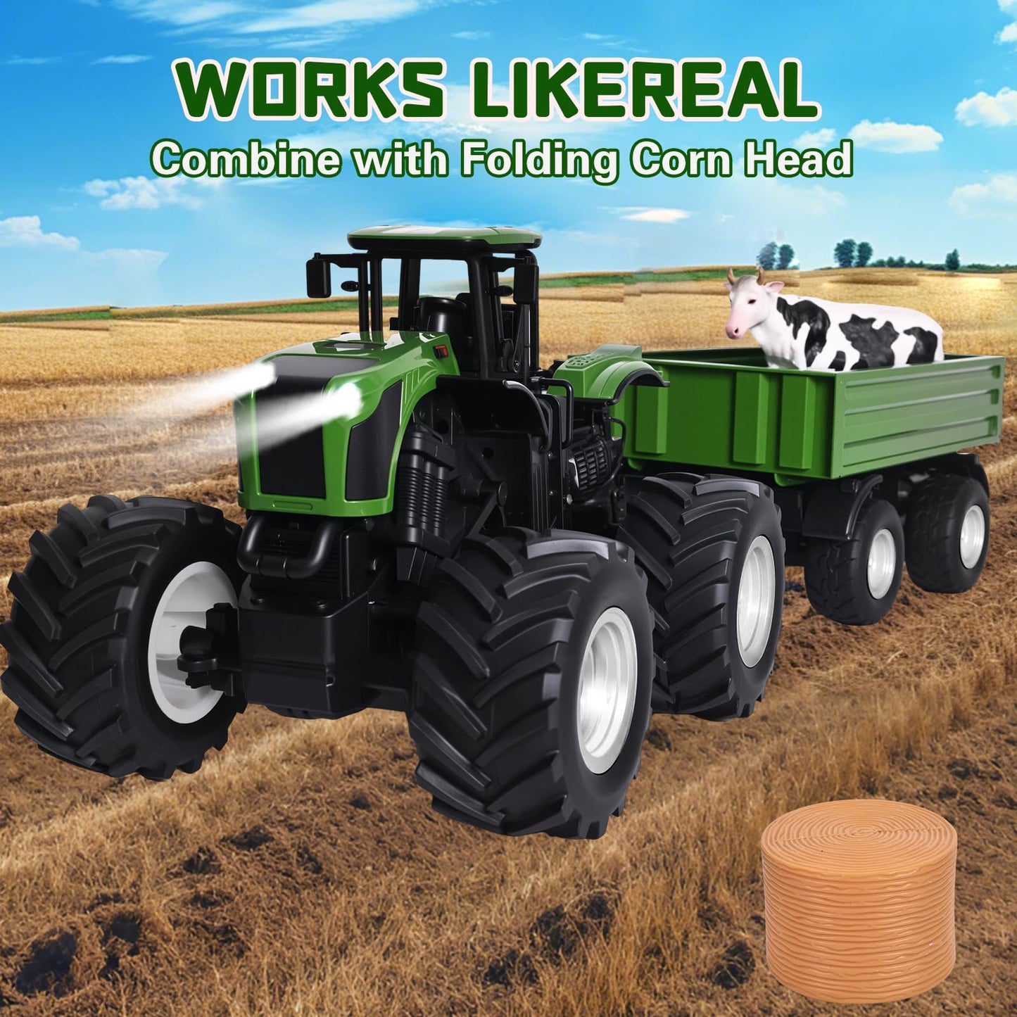Peagprav Remote Control Tractor Toy with RC Trailer -23.6 Inches 1/16 Scale RC Monster Truck- 2.4GHz Toddlers Farm Vehicle Toys Set for Boys Girls Kids Ages 3-8 Year Old Birthday Gift