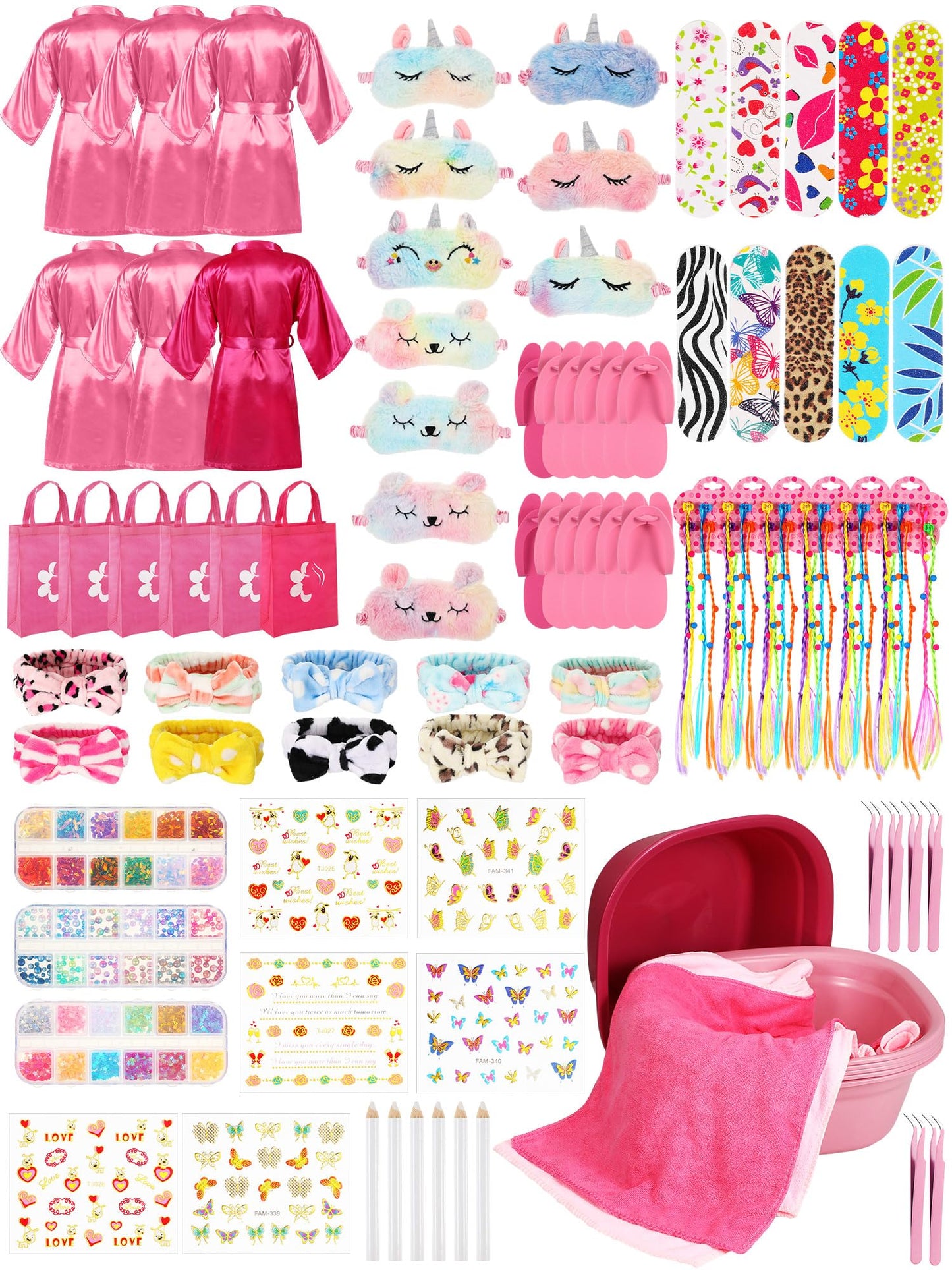 Suhine 6 Set Spa Party Supplies for Girls Kids 6 Satin Robes Spa Kit Sleepover Birthday Slumber Party Favors Nail Salon Pack(Pink, Rose Red)