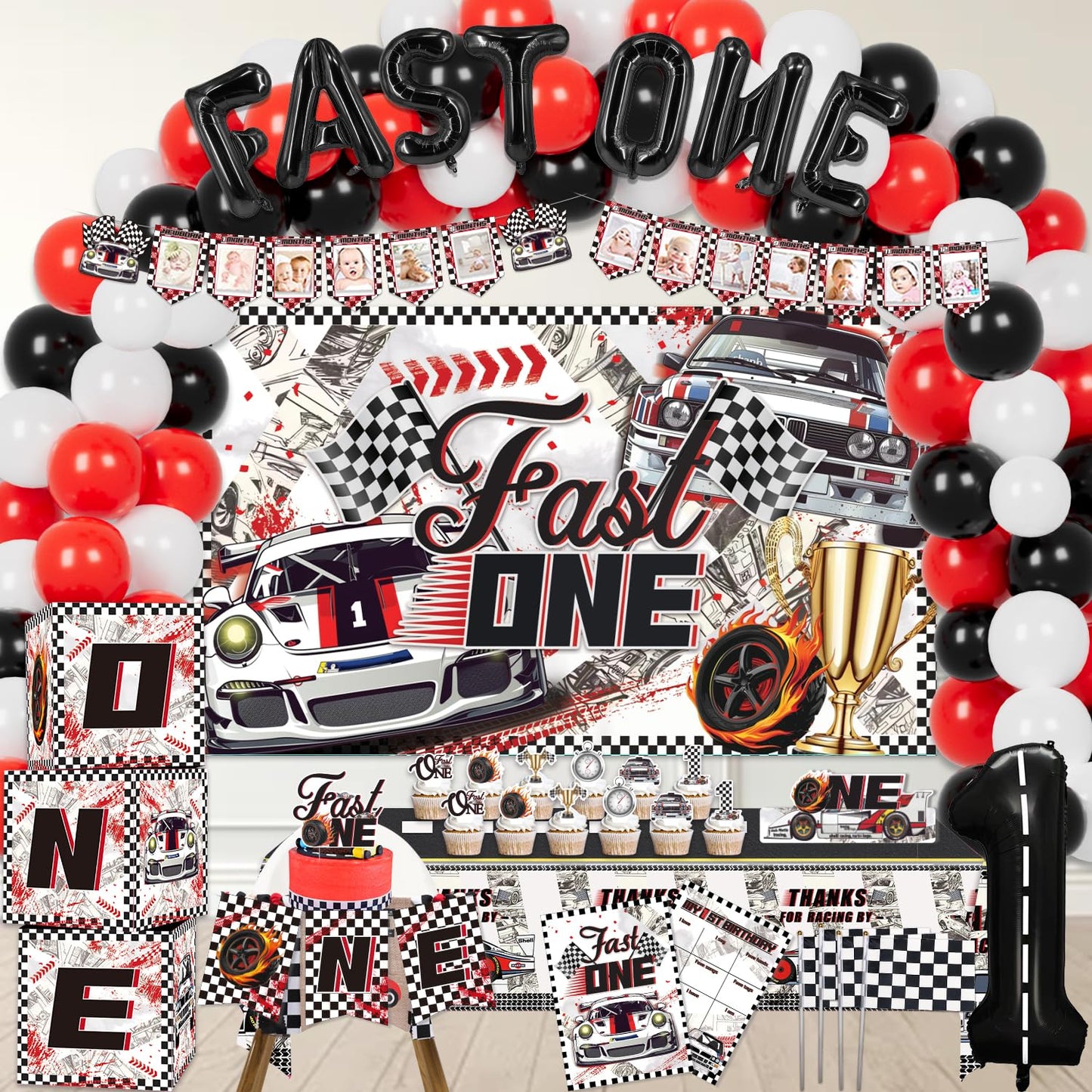 LXlucktim Fast One Birthday Decorations, 125 Pcs Race Car First 1st Birthday Party Supplies for Boys Baby - Banner, Cake Toppers, Balloons, Tablecloth, Centerpieces, Crown, Poster, Baby Boxes