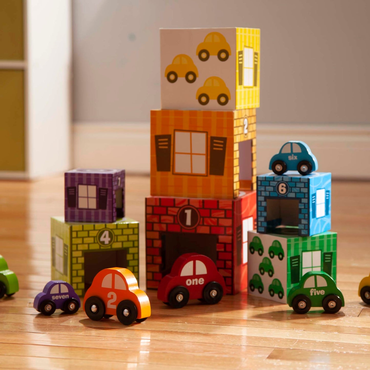 Melissa & Doug Nesting and Sorting Garages and Cars with 7 Graduated Garages and 7 Stackable Wooden Cars - FSC CertifiedNumbers Learning Toys, Sorting and Stacking Toys for Toddlers Ages 2+