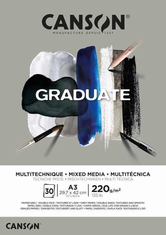 CANSON Graduate Mixed Media 220gsm A3 Paper, Double Sided: Grained and Smooth, Pad Glued Short Side, 30 Grey Sheets, for Student Artists