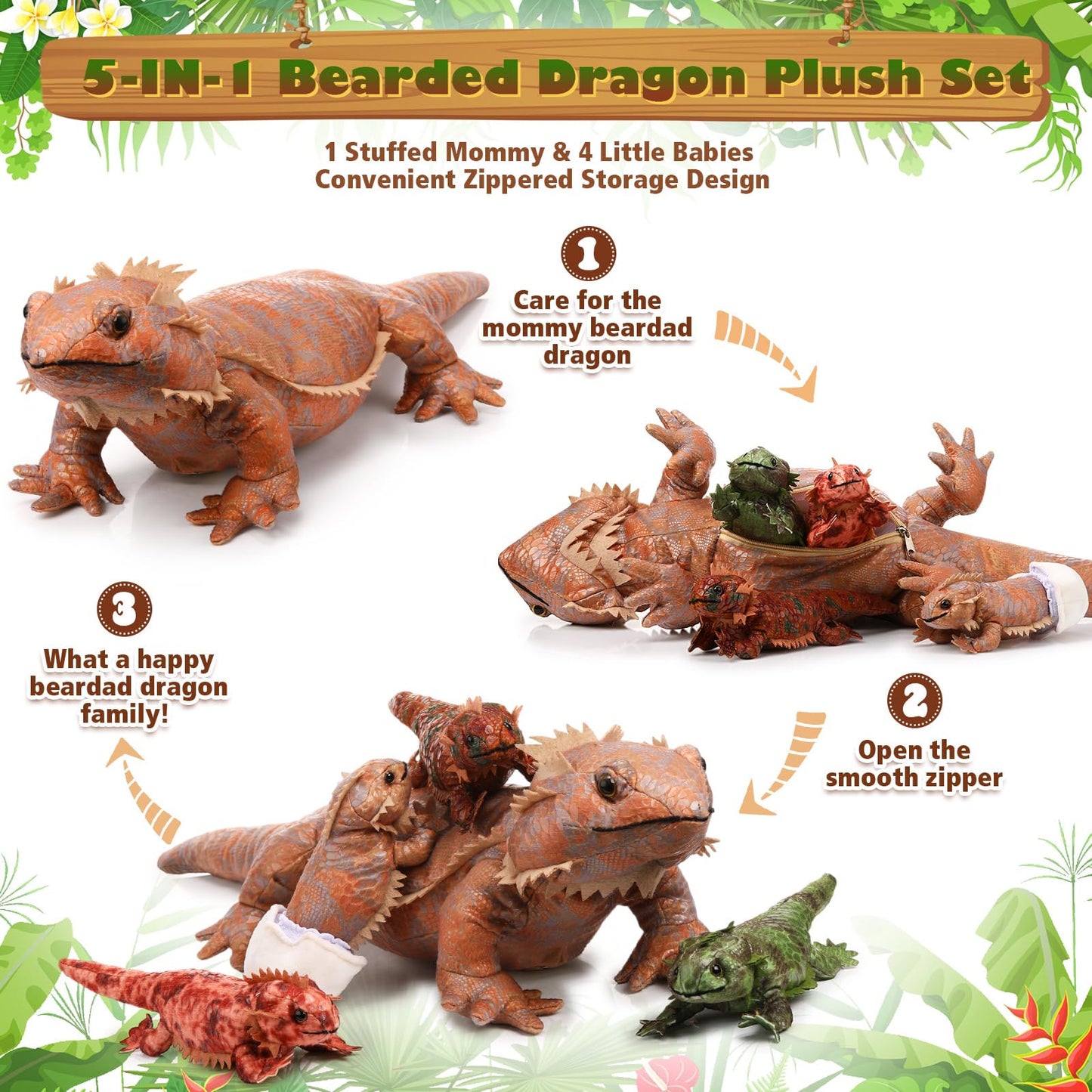 Lenwen 5 Pcs Bearded Dragon Stuffed Animal Set 26 Inch Large Lizard Iguana Plush Toy with 4 Baby Lizards, Simulation Bearded Dragon Plushies for Boy Girl Birthday Pet Party Favor Decors