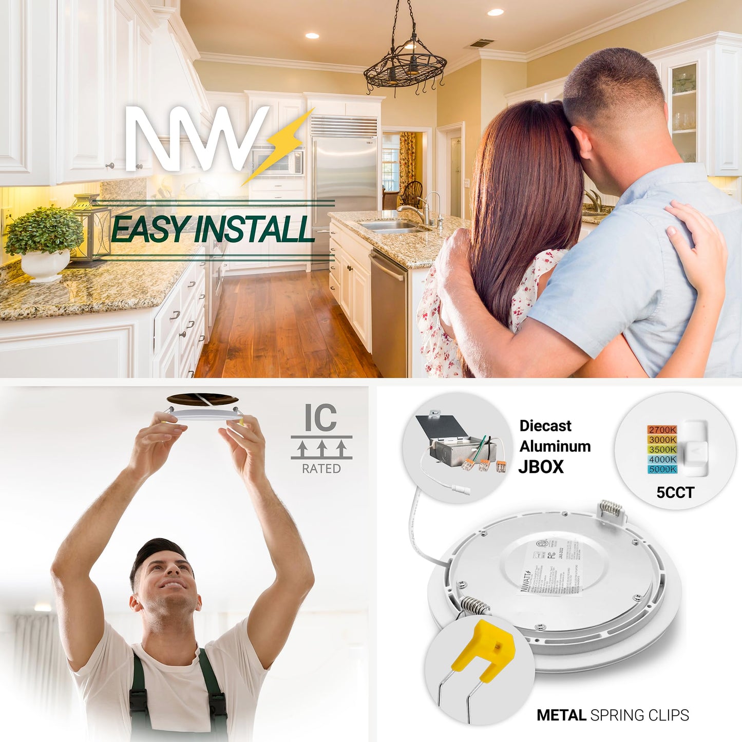 NUWATT 4 Inch Gimbal LED Recessed Lighting, 5CCT 2700K/3000K/3500K/4000K/5000K Selectable, 630 Lumen, Dimmable, Adjustable Pitched Canless Eyeball Lights for Sloped Ceilings, Metal Junction Box, 6 PK