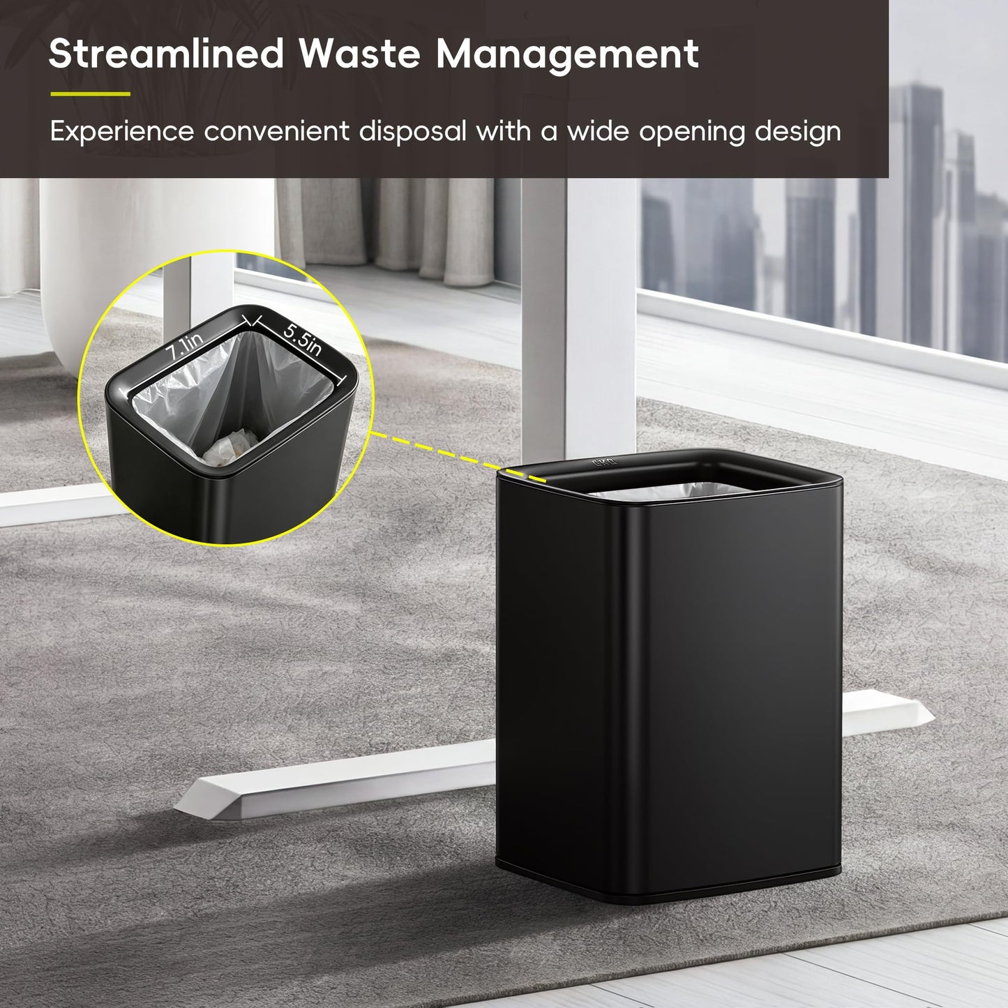 EKO Laguna 2.6 Gallon/10L Matte Black Stainless Steel Open Top Trash Can with Removable Inner Basket - Modern Bathroom & Office Waste Bin