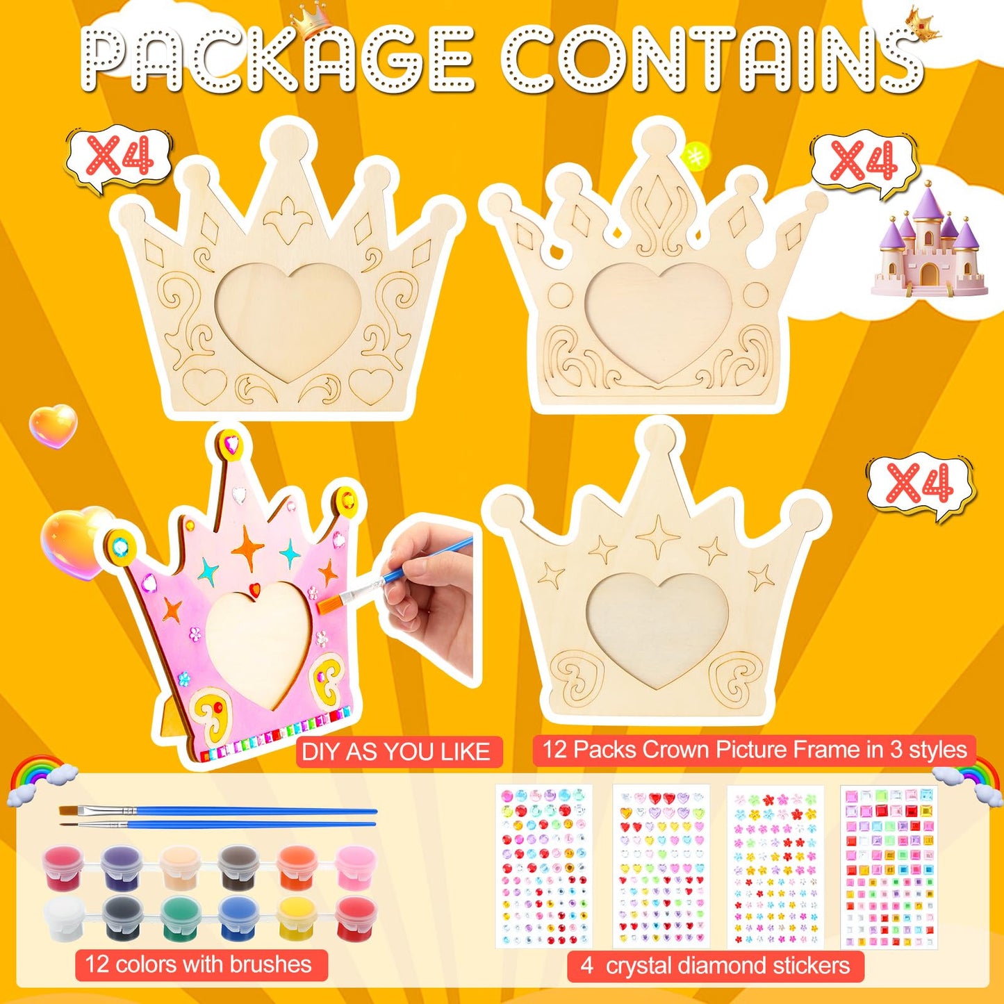 Blueweenly 12 Pcs DIY Picture Frame Painting Craft Kits for Kids Wooden Crown Princess Party Favors Paint and DIY Your Own Frame with 88 Cell Rhinestone Stickers 12 Color Paint Girl Birthday(Heart)