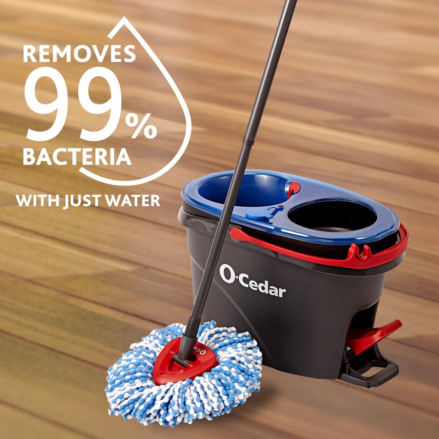 O-Cedar RinseClean Spin Mop & Bucket System + 2 Extra Mop Heads| Clean with Water | Removes 99% of Bacteria Plastic