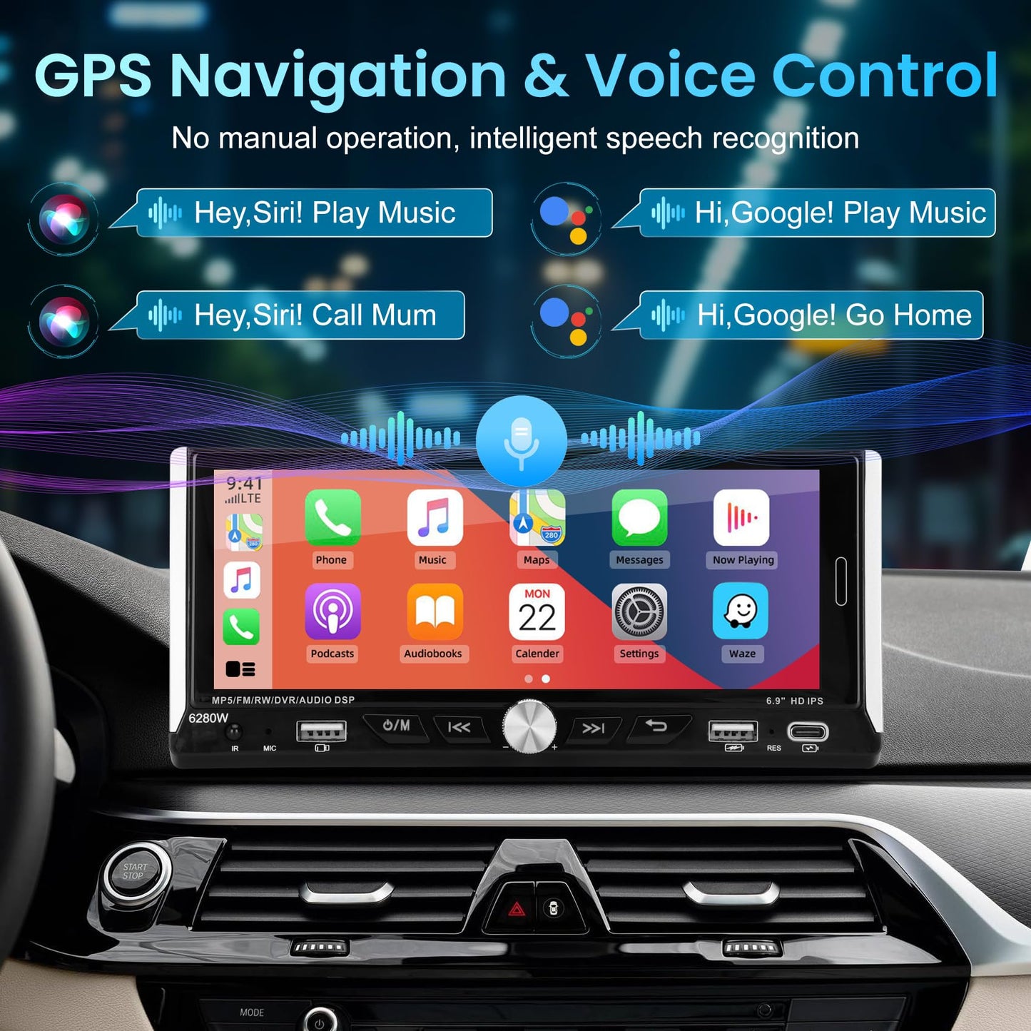 Single Din Car Stereo with Wireless Apple Carplay Android Auto, 6.9" IPS Touchscreen Car Stereo with Bluetooth 5.2 Handsfree Mirror Link Backup Camera GPS Navigation Dual USB Fast Charge FM AM EQ SWC