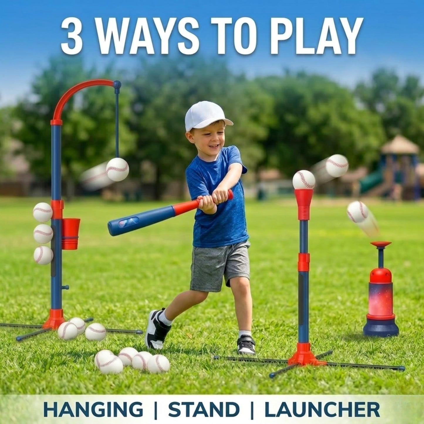 TOMLEON 3-in-1 Baseball Set for Kids 3-5 - Tee Ball Stand, Hanging Tee, Ball Launcher and 6 Softballs - Adjustable Height, Indoor/Outdoor Sport Gifts for Boys