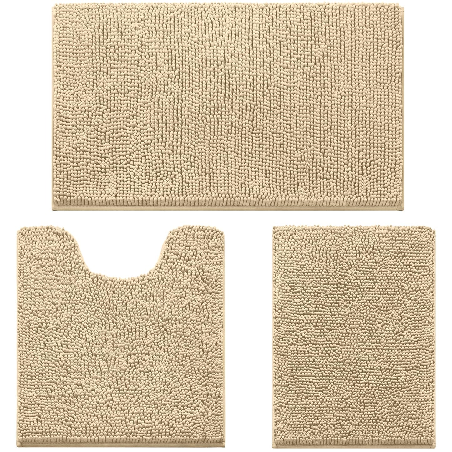 HOMEIDEAS 3 Pieces Bathroom Rugs, Ultra Soft Non Slip Absorbent Chenille Toilet Bath Mat Set (Beige)