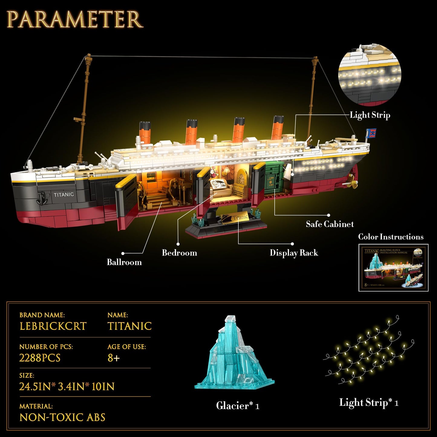 LeBrickCrt Titanic Building Blocks Set, 2288 Pieces Big Ship Block Model Set with Light Strip, Glacier, Ideal Gift for Adults and Kids
