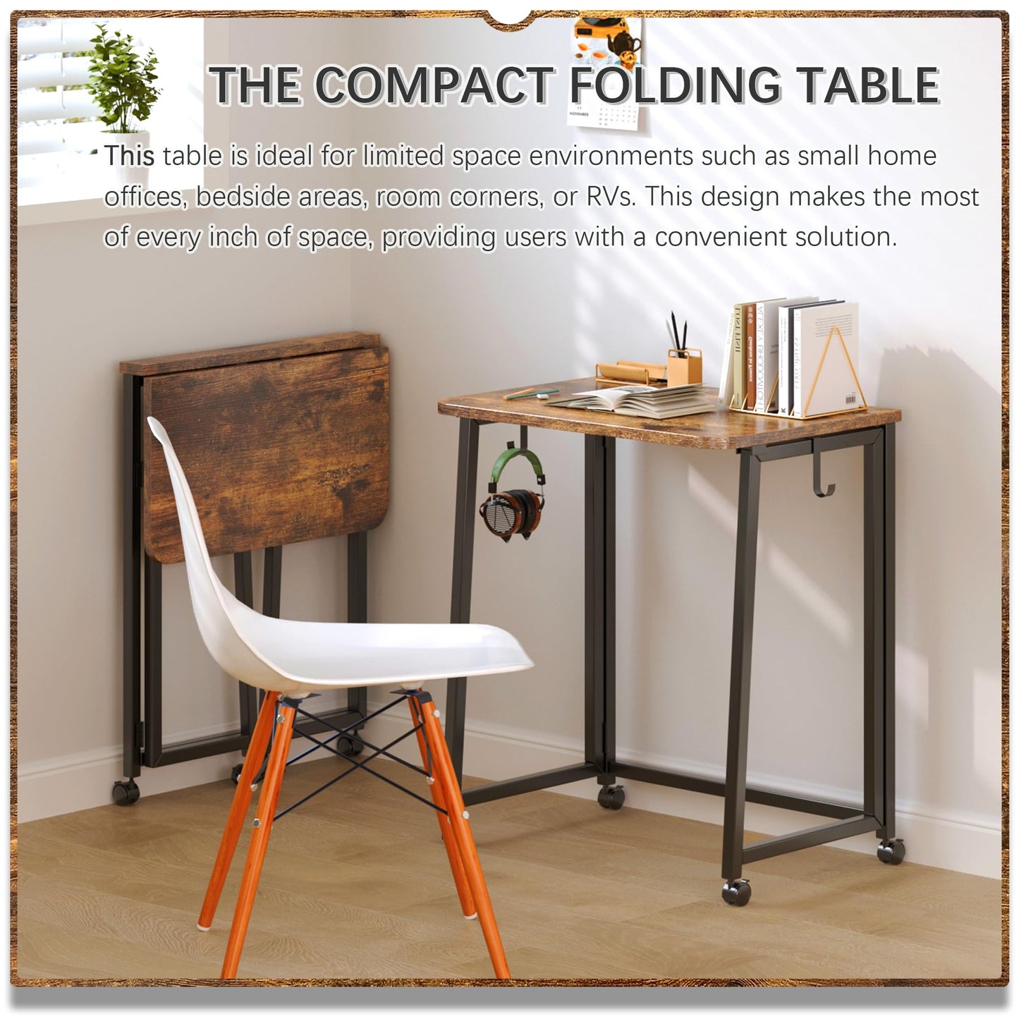 4NM 23.6" Mobile Small Folding Desk, Foldable Rolling Computer Home Office Desk, Study Writing Table for Small Space Saving Bedroom, with Wheels - Rustic Brown and Black