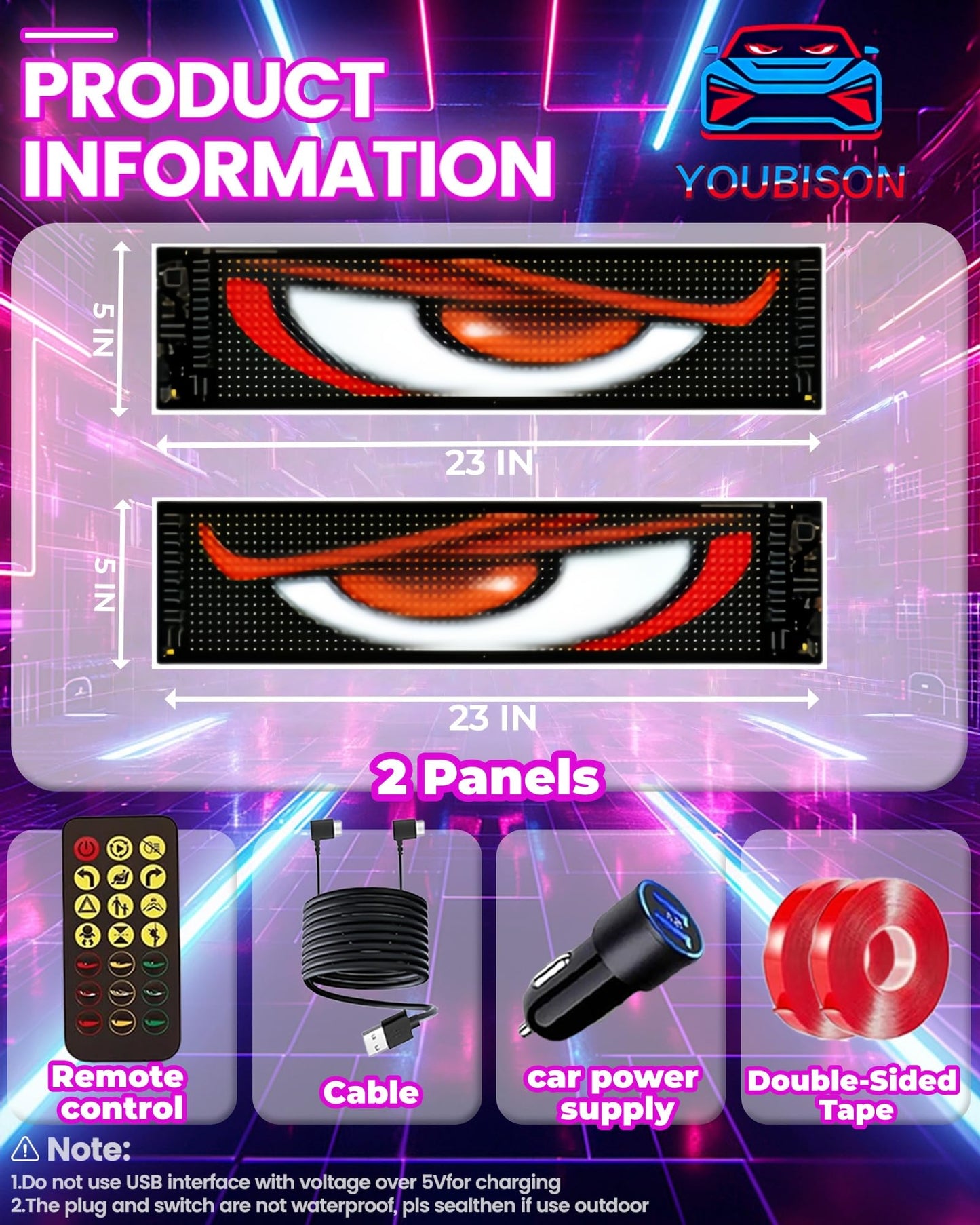 YOUBISON 2PCS 23"x5" Devil Eyes Light for Windshield – Dual Screen Sync, LED Eyes for Cars/Trucks/SUVs/RV, App Controlled Animated Windshield LED with Custom Text & Graphics