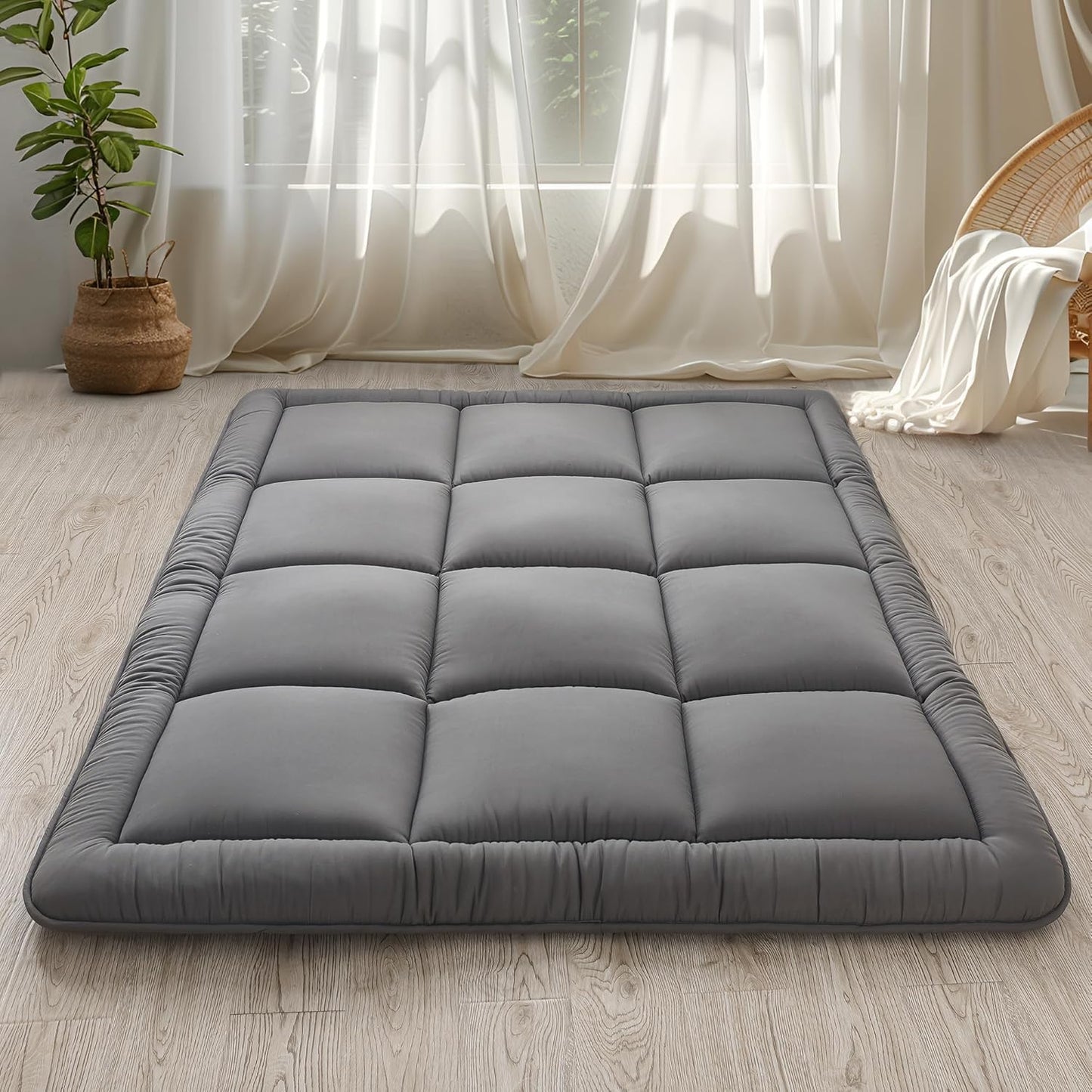 WhatsBedding Japanese Floor Mattress Futon Mattress 3" Grey Tatami Mat Shredded Memory Foam Filled Sleeping Pad, Foldable & Portable Roll Up Lounger Camping Bed,39"x 80" Twin Size