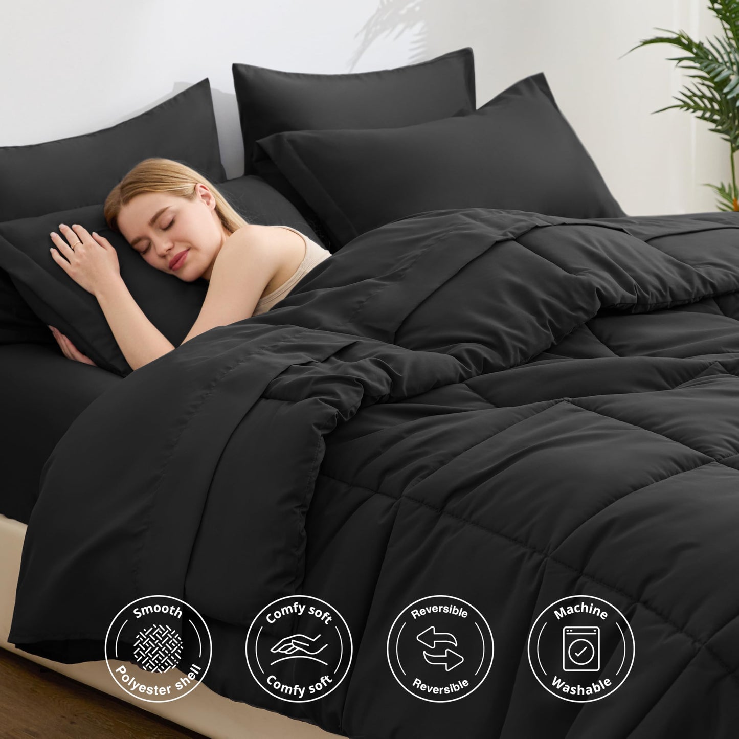Love's cabin King Size Comforter Set Ash Black, 7 Pieces King Bed in a Bag, All Season Bedding Sets with 1 Comforter, 1 Flat Sheet, 1 Fitted Sheet, 2 Pillowcase and 2 Pillow Sham