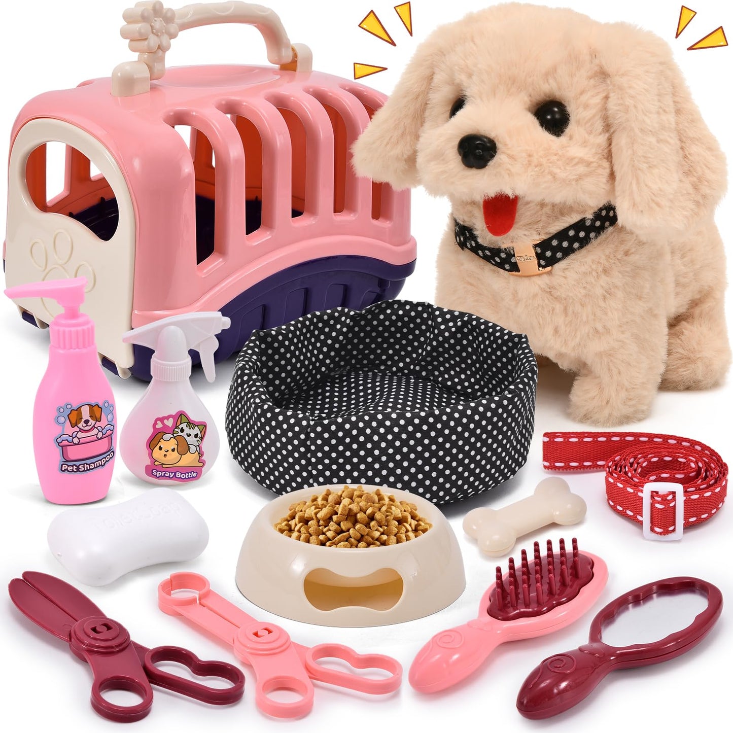 G.C 13Pcs Pretend Play Dog Toys for Kids Girls Toddlers 3 4 5 6, Electronic Interactive Walking Barking Plush Toy Dog Realistic Puppy with Carrier & Accessories Pet Care Playset Gifts for Little Girls