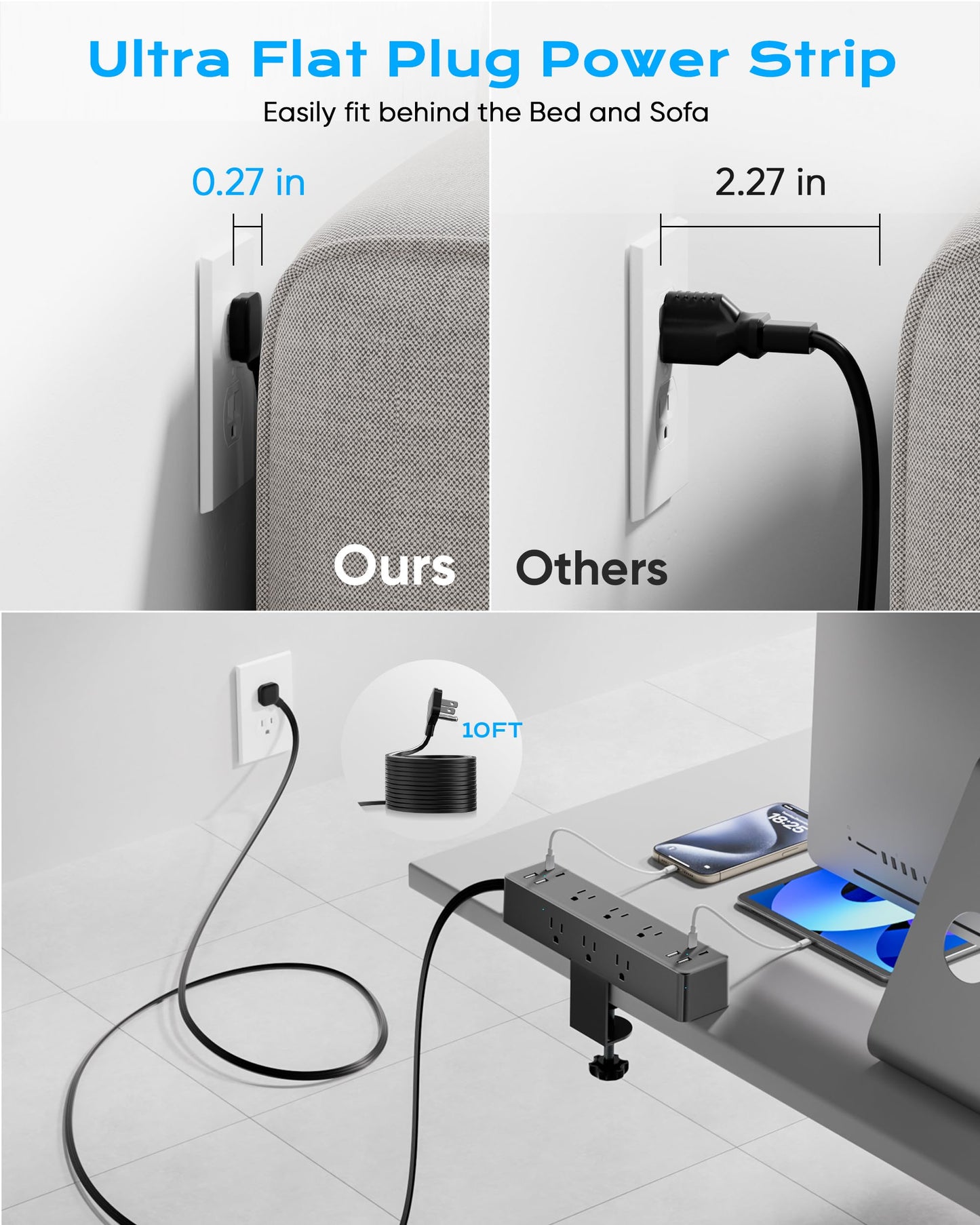 17-in-1 Desk Clamp Power Strip with 40W Fast Charging Station, ACOZVIN 10ft Flat Plug 1200J Surge Protector, 9 AC Outlets 8 USB Ports(4 USB C), Desk Outlet for Home Office, Fit 1.7" Tabletop Edge