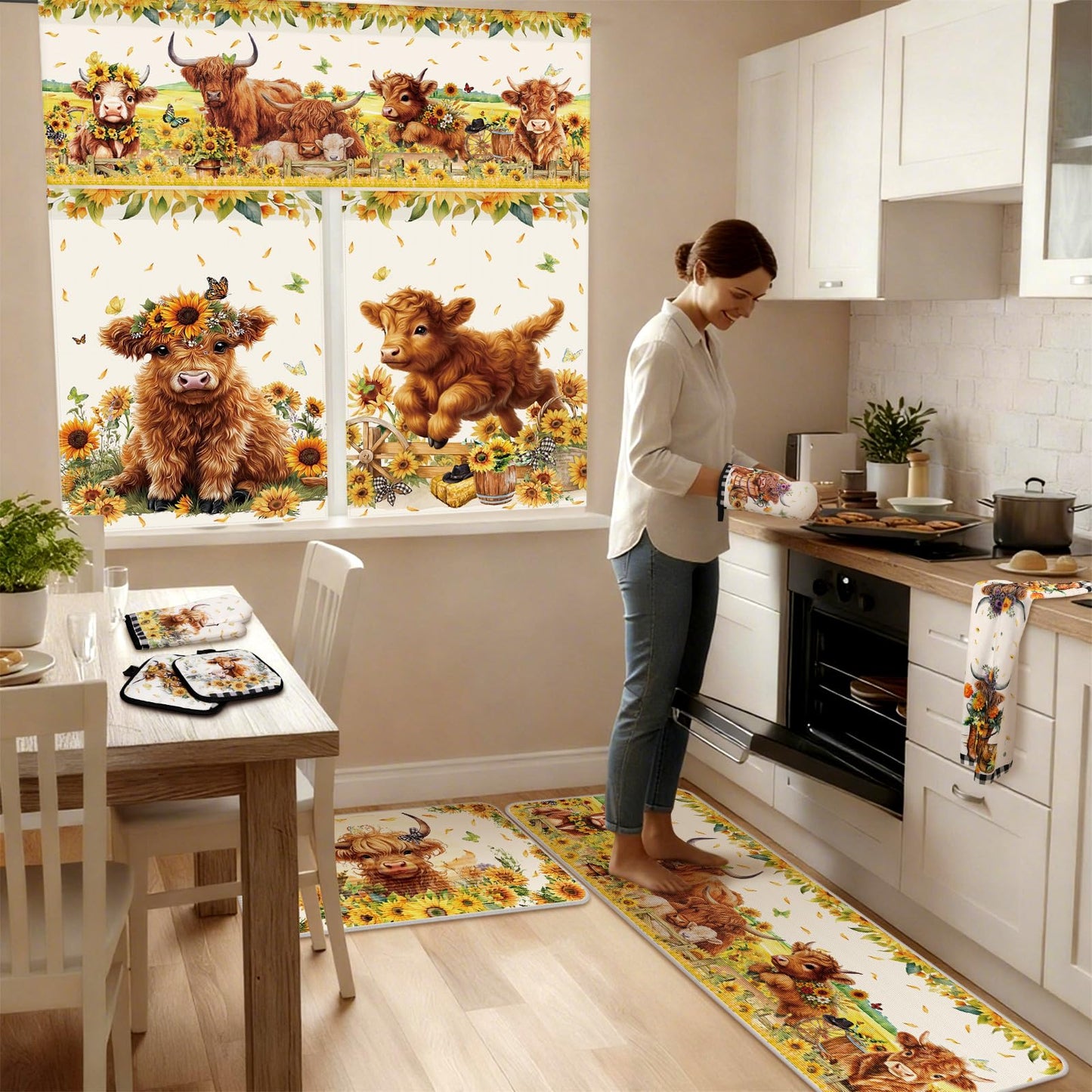 Hillsuren 13 Pcs Farmhouse Highland Cow Kitchen Decor Set 3 Cow Kitchen Curtains Valance 2 Sunflower Rugs and Mats 4 Towels 2 Pot Holders 2 Oven Mitts for Home Decor Cooking Grilling Housewarming Gift