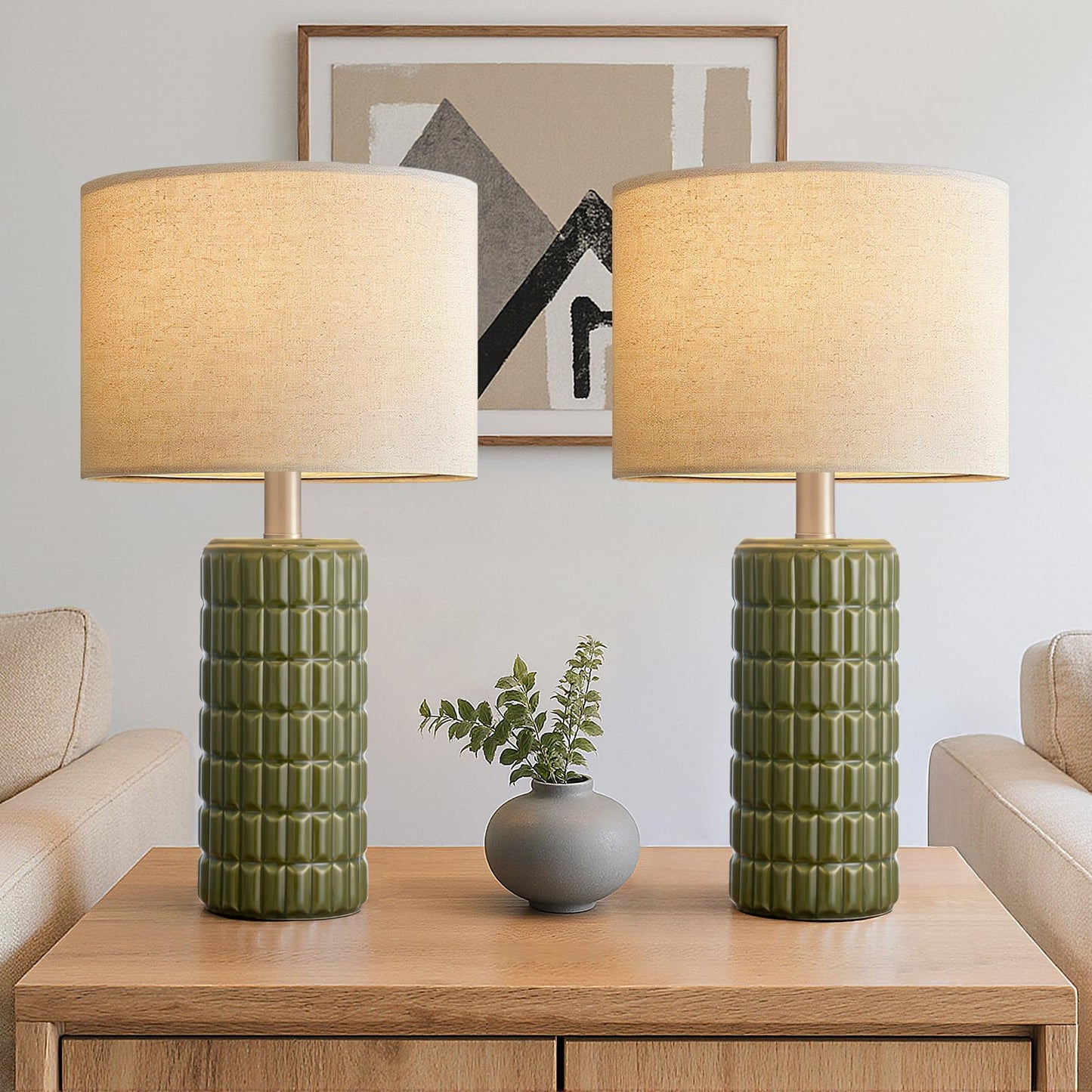 23" Modern Ceramic Table Lamps Set of 2 - Table Lamps for Living room, Farmhouse Bedside Night Stands Lamp for Bedroom, White Boho Nightstand Lamps Set of 2, Desk Lamp for End Table Home Decor(Green)