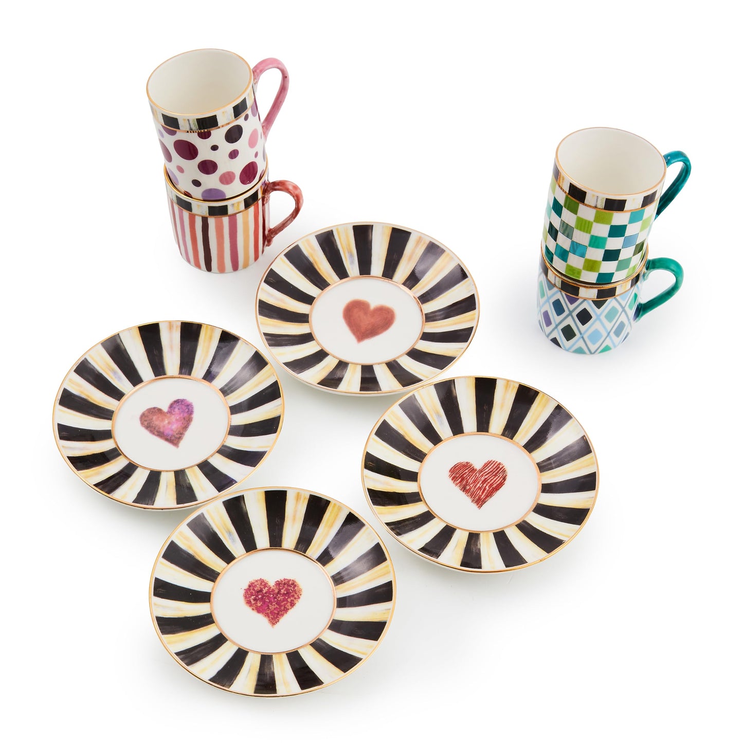 MACKENZIE-CHILDS Sweetheart Espresso Cup and Saucer Set, Cute Porcelain Espresso Cups and Saucers for Coffee, Set of 4