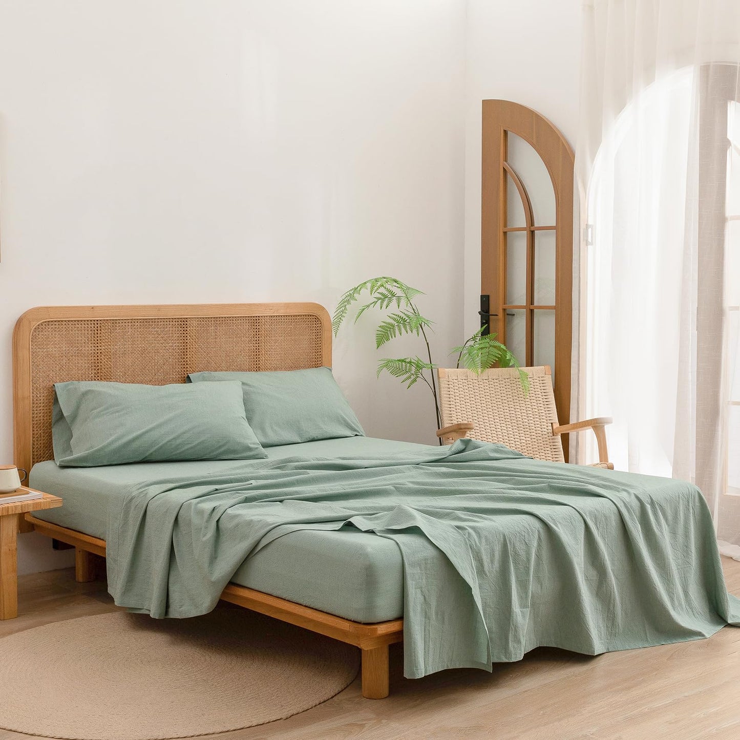 BESTOUCH Sheet Set 100% Washed Cotton Linen Feel Super Soft Comfortable Chic Lightweight 4 Pcs Home Bedding Set Solid Green King