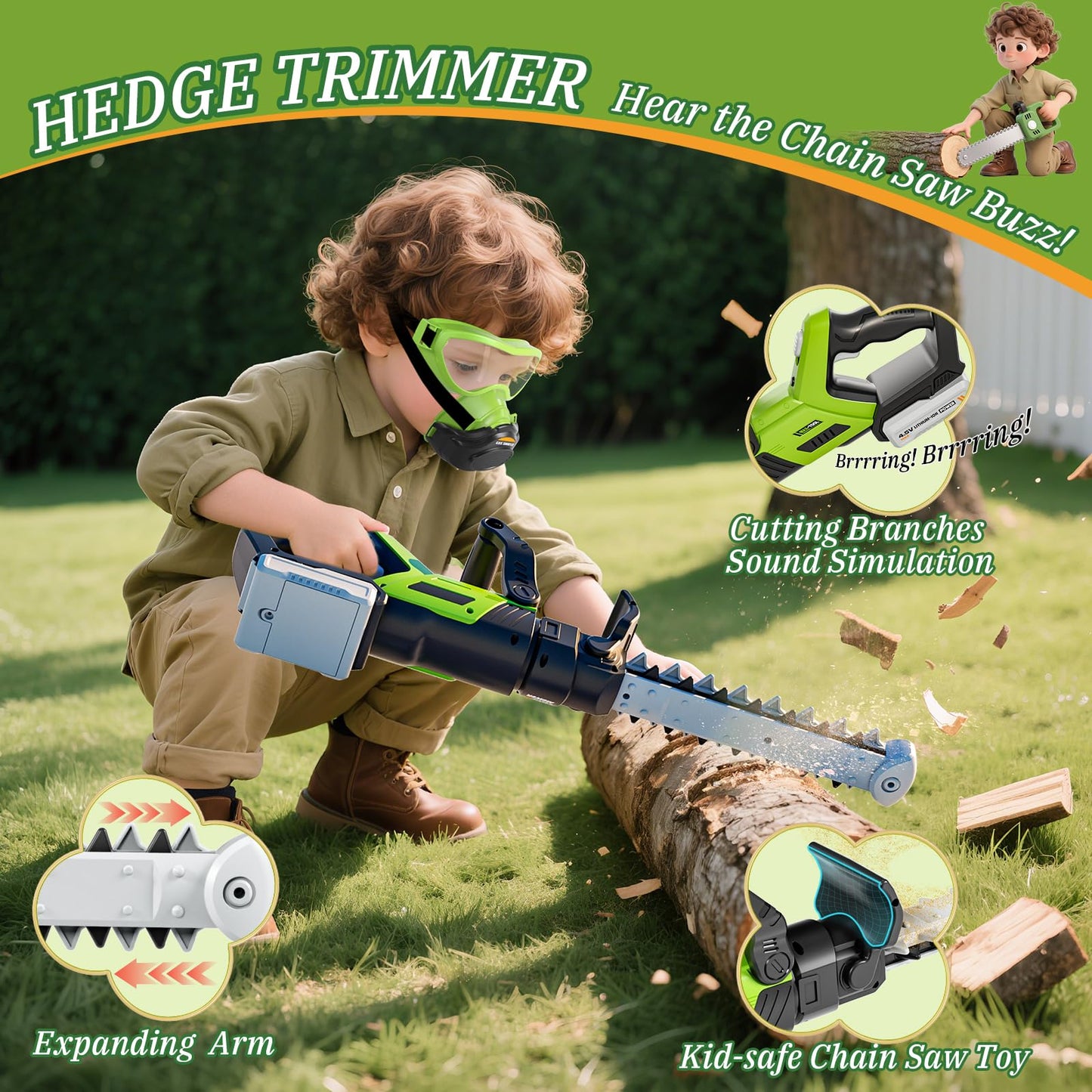 MUZREES Kids Tool Set, 3 in 1 Garden Tools for Toddlers with Sounds and Lights, Volume Control, Toy Grass Trimmer, Leaf Blower and Hedge Trimmer, Toy Garden Tools for Outdoor