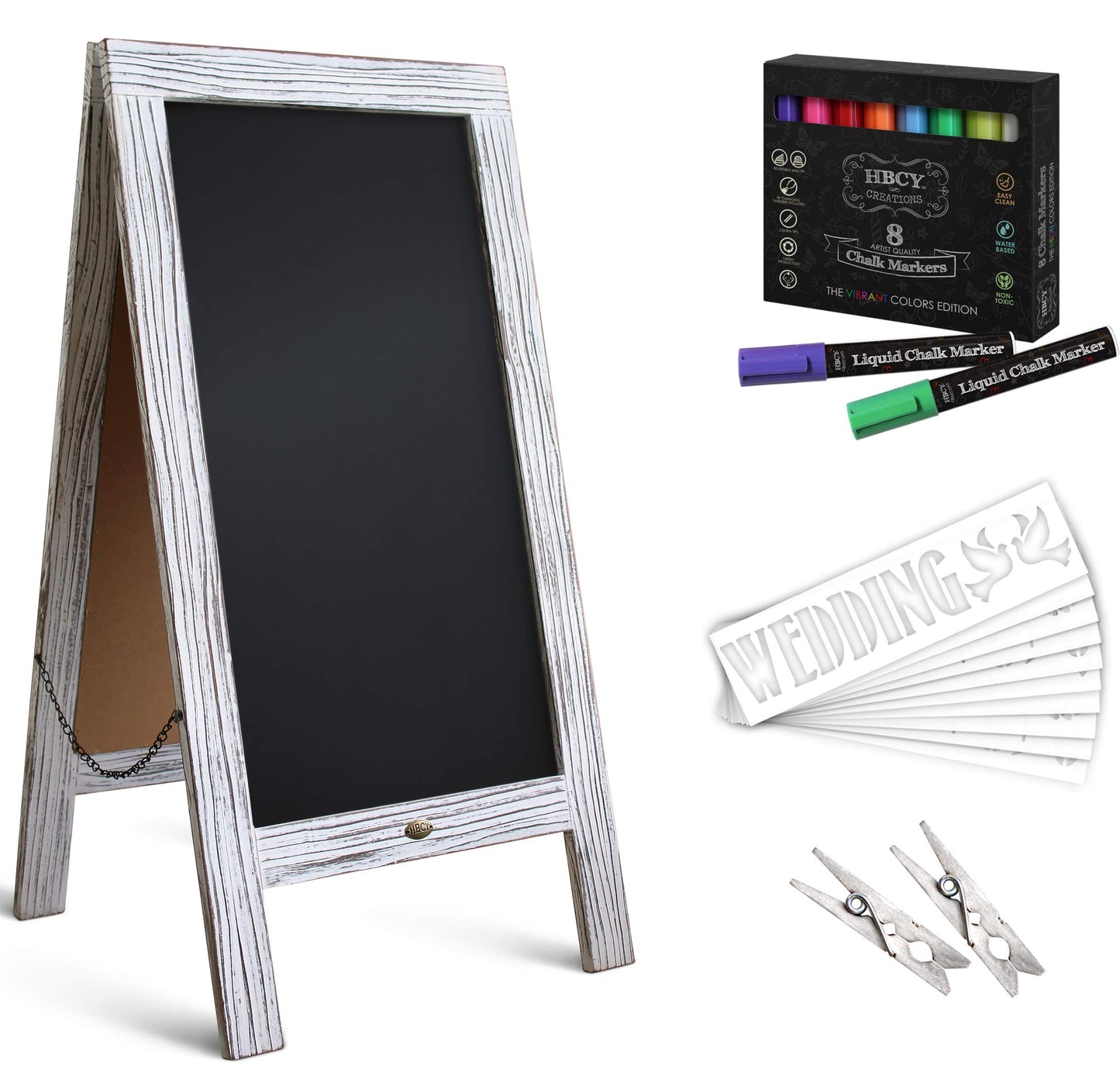 A Frame Chalkboard with Chalk Markers by HBCY Creations: 40x20 Solid Wood A-Frame Sign Whitewash Double-Sided Magentic Menu Board, Deluxe Set Includes 8 Chalk Markers, 10 Stencils, 2 Magnets
