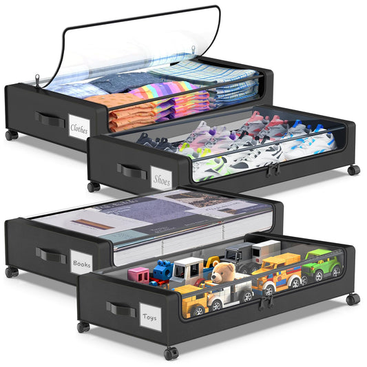 Beborxue Under Bed Storage with Wheels, 4-Pack UnderBed Storage Containers with Clear Lids, XXL 60L Under the Bed Storage Organizer Bins, Rolling Under Bed Metal Drawer for Clothes,Shoes,Toys (Black)