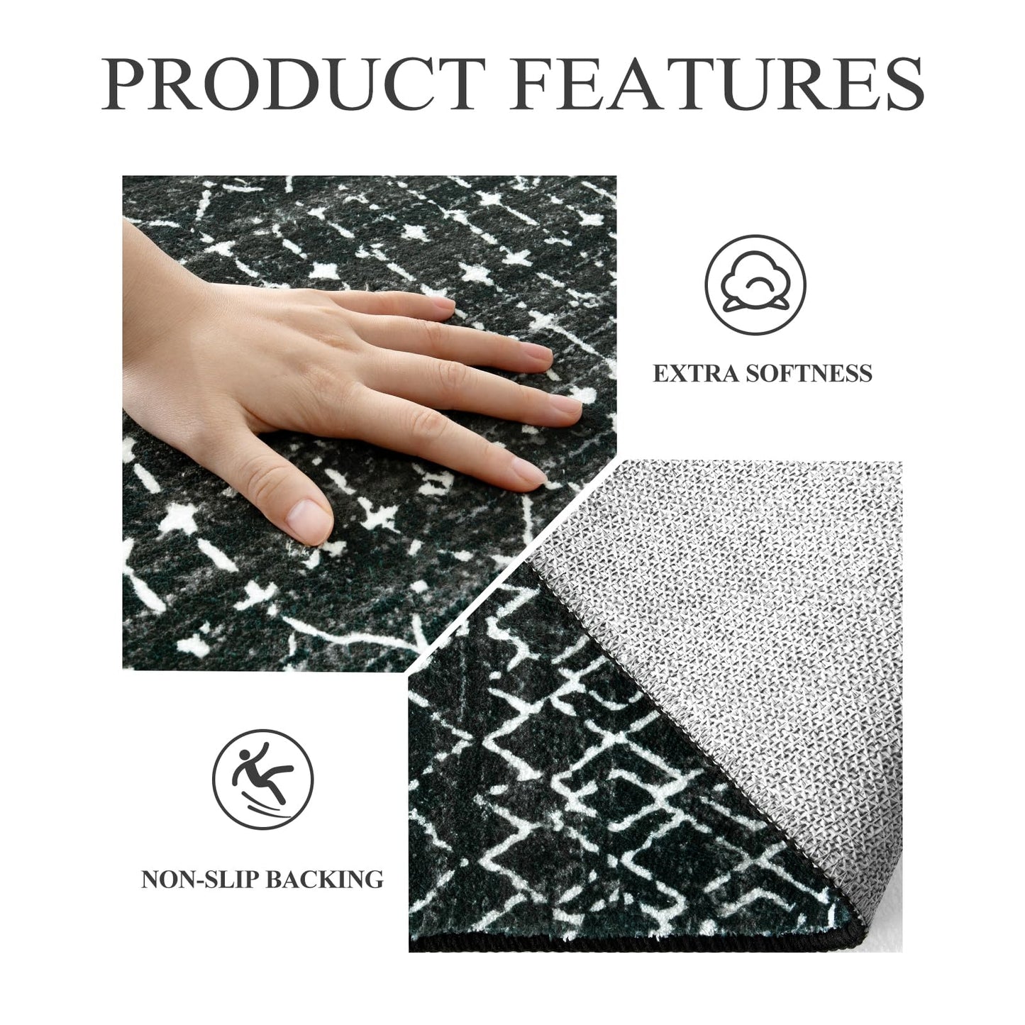 Lahome Moroccan Black Long Runner - Washable Hallway Rug, Ultra-Thin Non Slip Kitchen Runner, Soft Modern Print Indoor Floor Carpet for Entryway Stair (Black, 2'5''x12'')