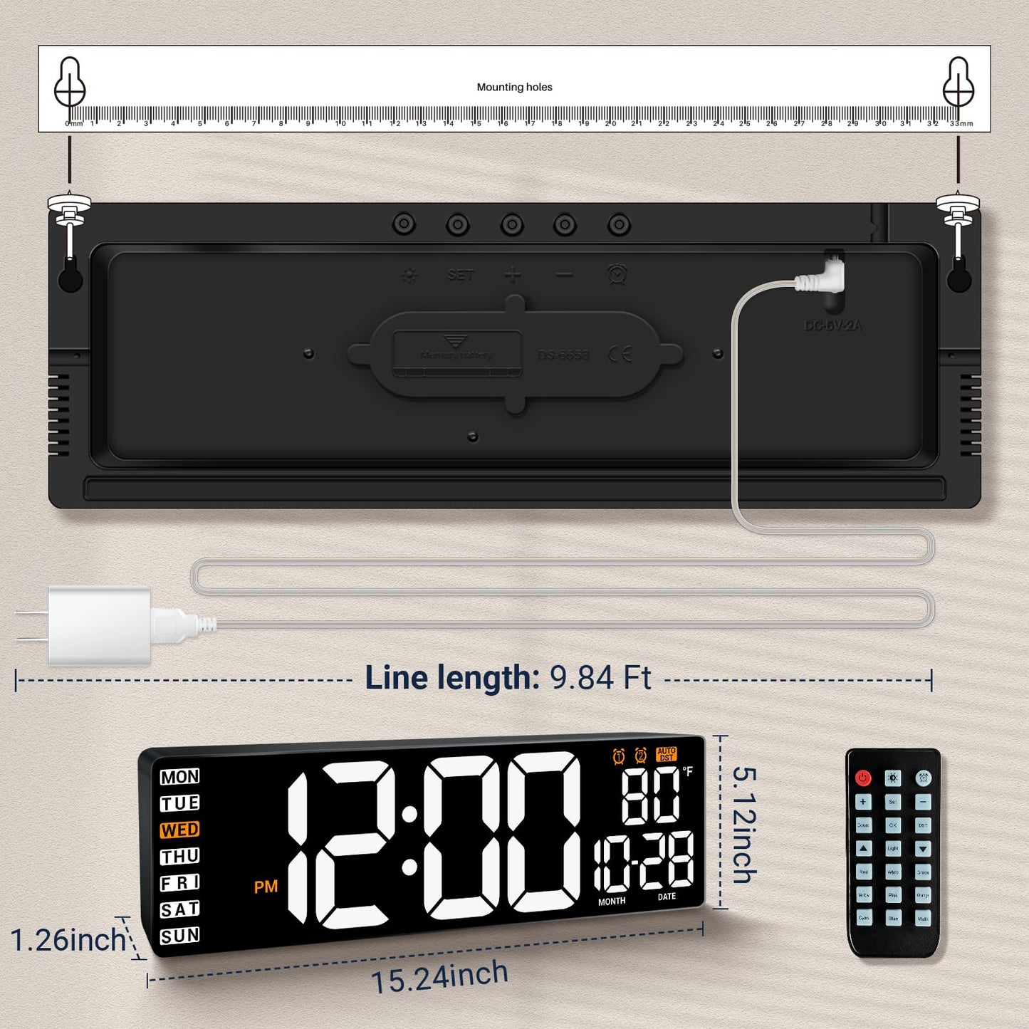 ANSOPER 16.5" Large Digital Wall Clock with Remote Control, Auto-Dimming LED Display with Date Temp, Big Number Wall Mount Decor Clock for Seniors, Classroom, Dorm, Home, Office, Gym White