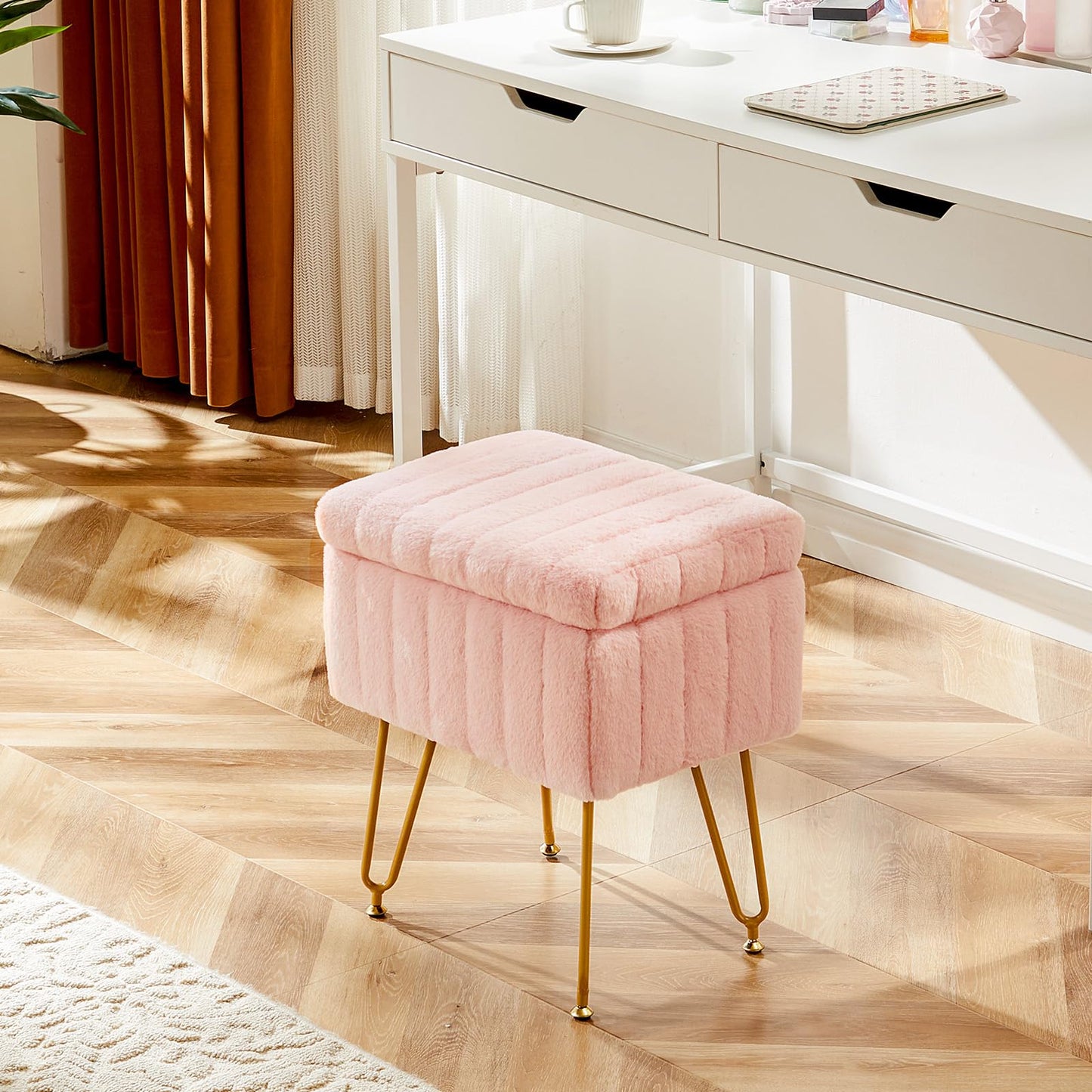 Sweetcrispy Vanity Stool Chair with Storage, 18.9”H x 16”L x 12.2”W Ottoman Chair Faux Fur Soft Padded Makeup Footstools Seat with 4 Metal Legs Anti-Slip Adjustable Feet for Make Up, Pink