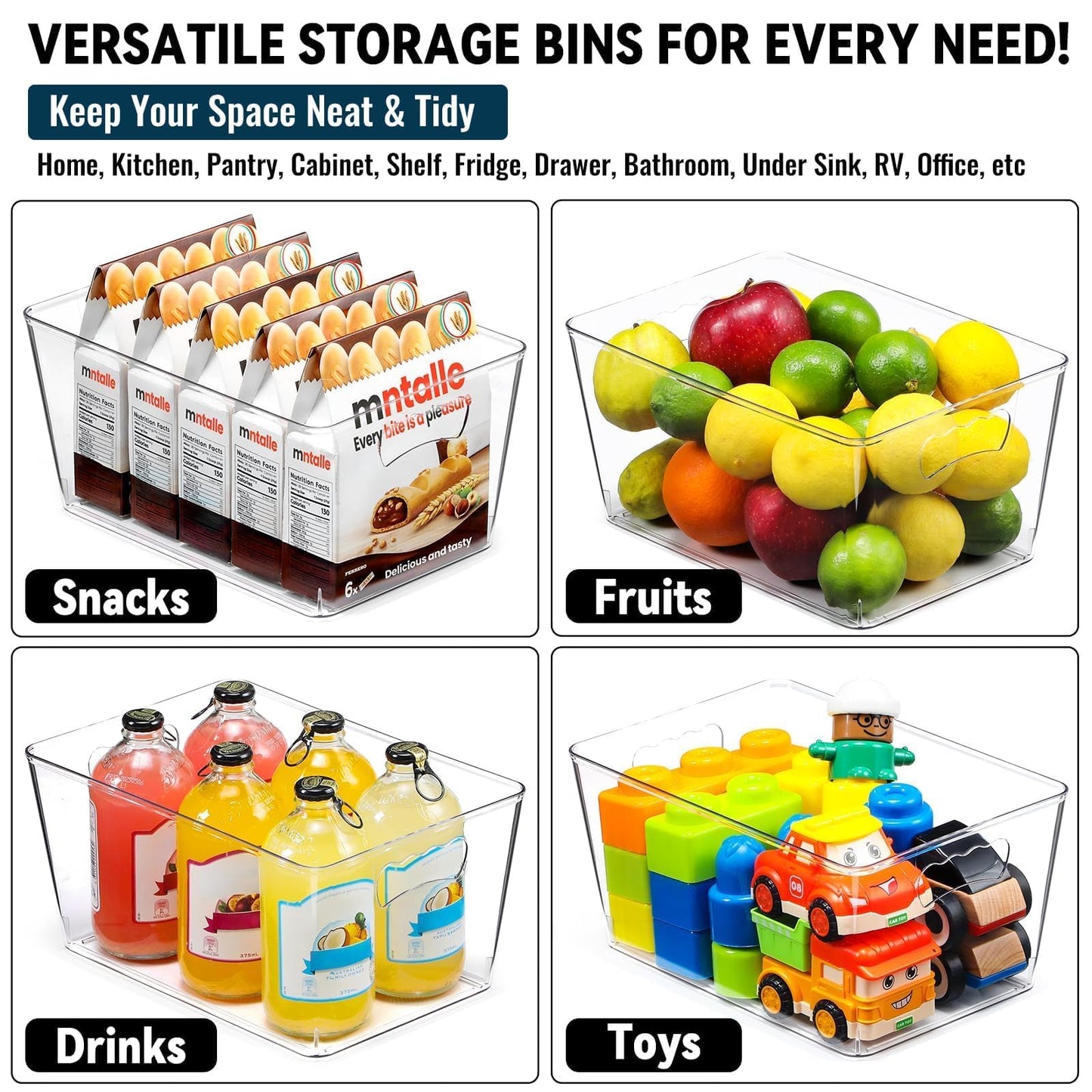 12 PACK LARGE Clear Storage Bins with Handles & Labels, Multiuse Plastic Pantry Organizer Bins for Home Kitchen, Fridge, Freezer, Cabinet, Closet, Bathroom, Shelf, Laundry, RV, Under Sink Organization