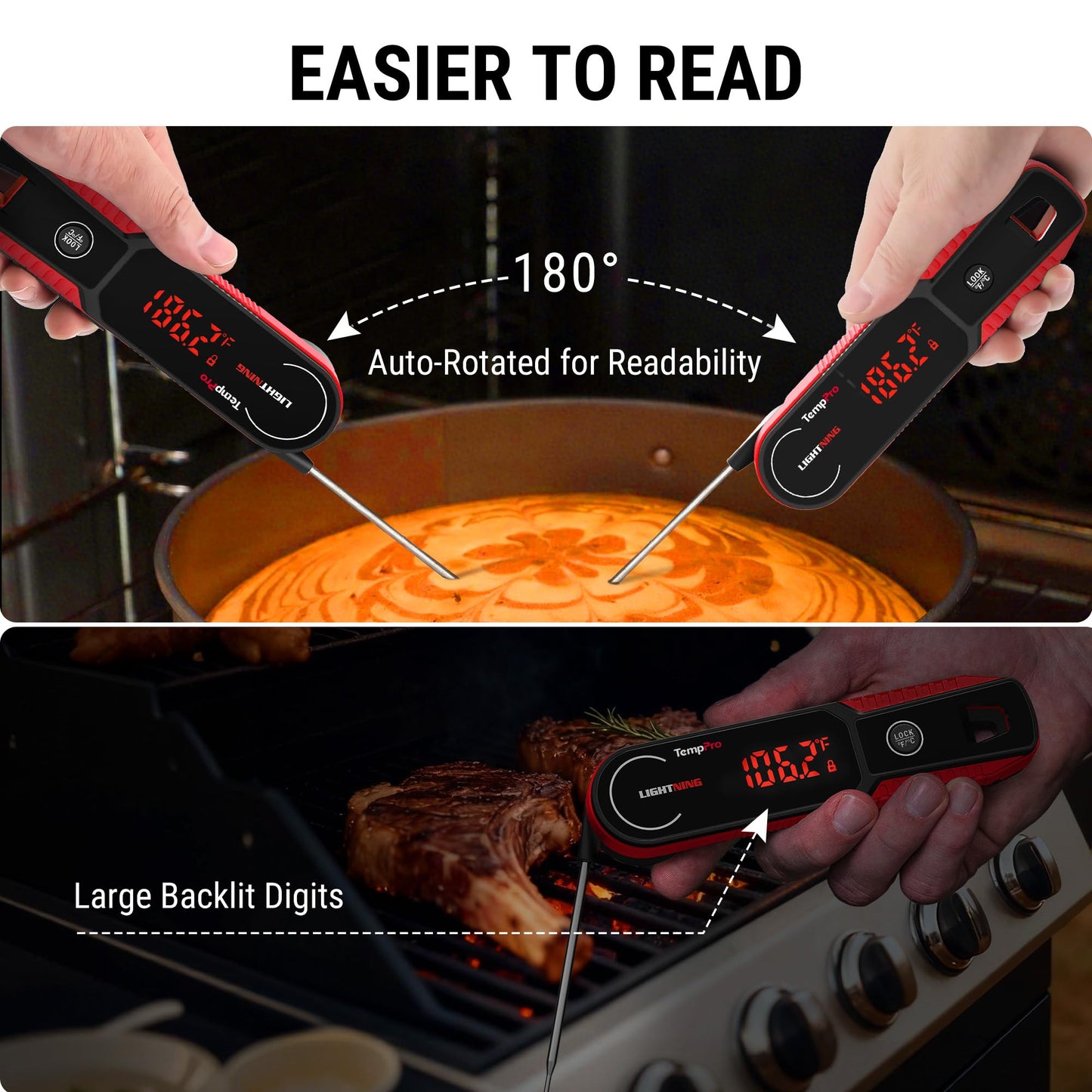 TempPro Lightning 1-Sec Instant Read Meat Thermometer, Kitchen Food Thermometer with 180° Rotating Display, IP67 Waterproof Cooking Thermometer for Deep Fry Smoker BBQ Grill (Previously ThermoPro)