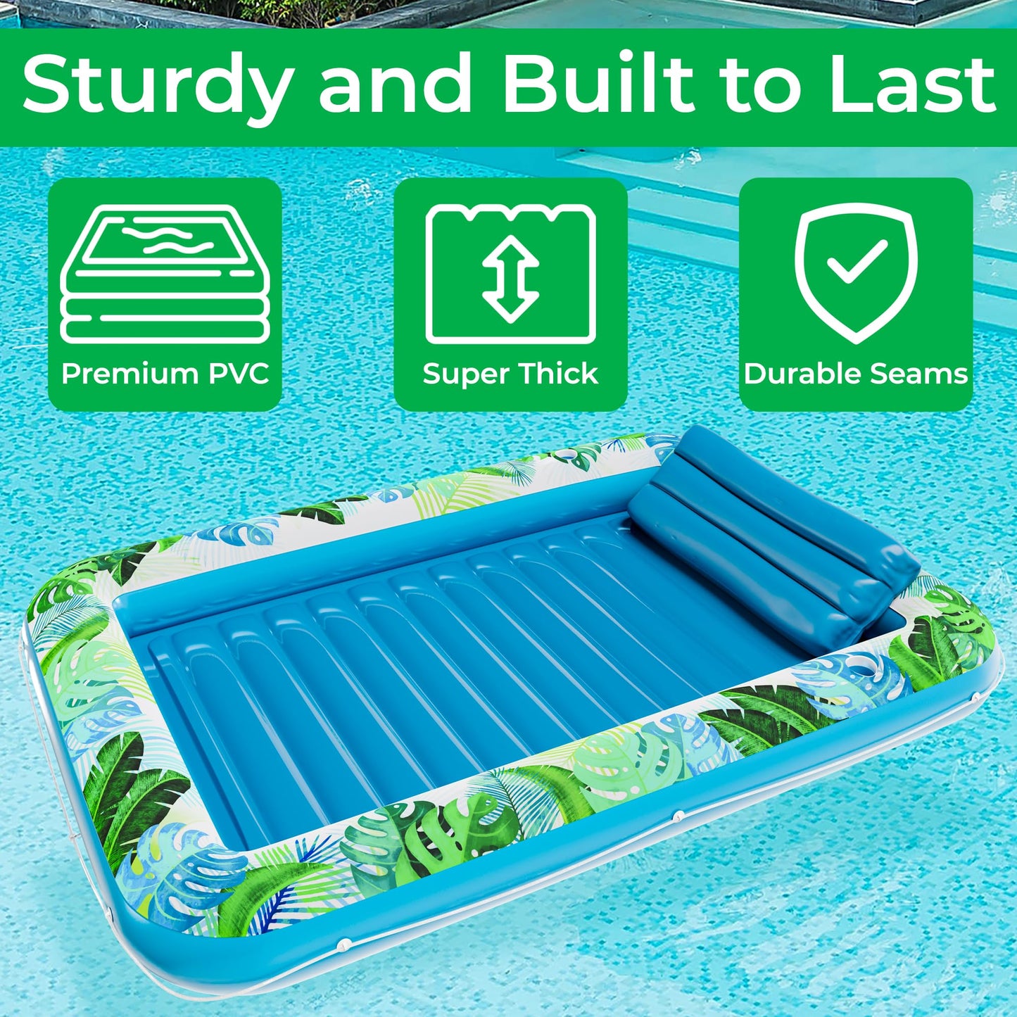 JAMBO Extra Large 80" x 56" Tanning Pool Lounger Float, Sun Tanning Pool Float, Inflatable Water Lounge Raft, Pool Lounger for Adults, Tanning Raft Float, Big Pool Tub, Water Tanning Bed, Kiddie Pool