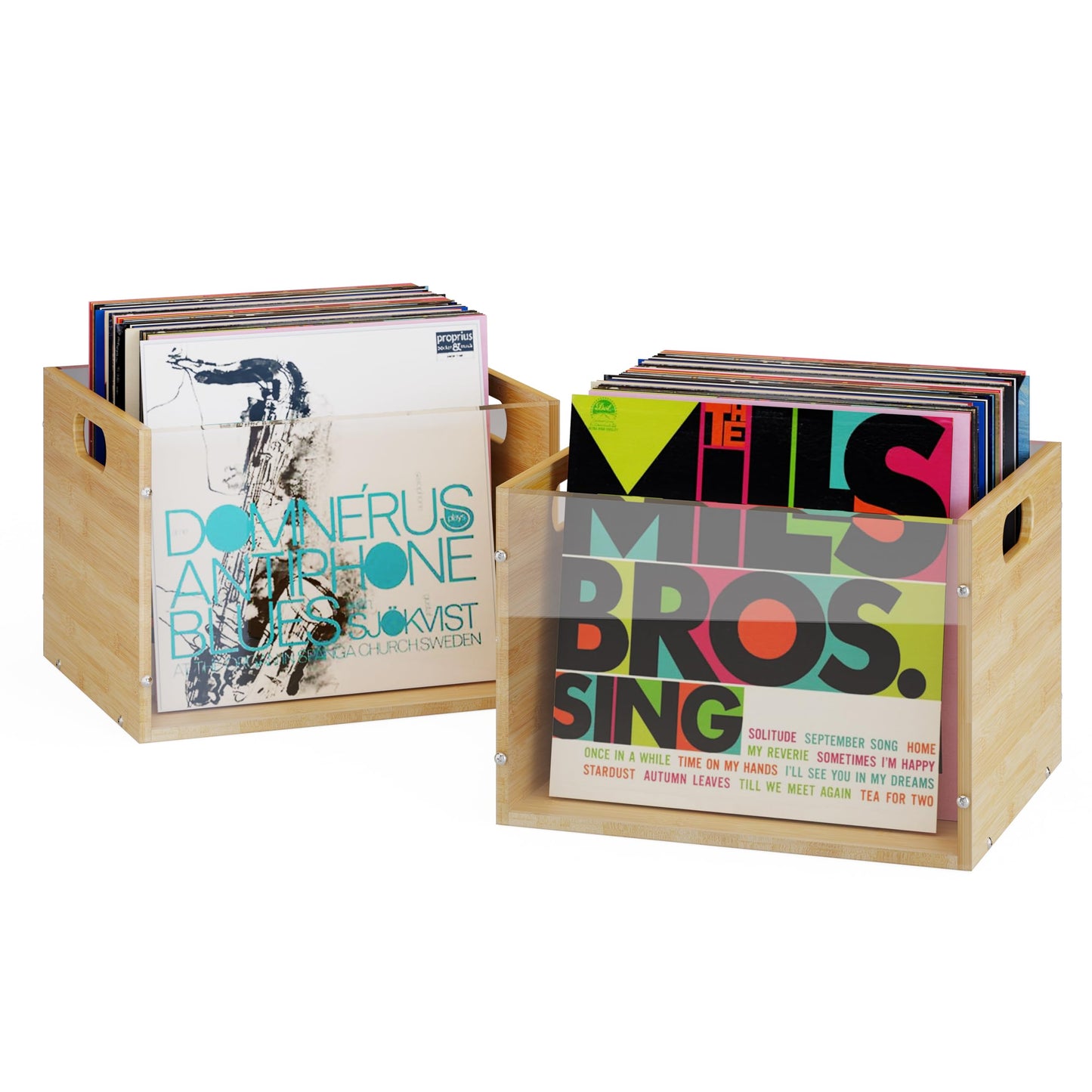 X-cosrack 2-Pack Vinyl Record Storage Box Crate, Visible Acrylic & Bamboo Vinyl Record Holder Crate with Handle, Cube CD Holder for LP Album Storage and Organizer, Easy to Assemble