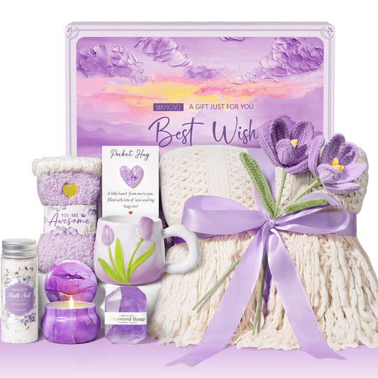 Birthday Gifts for Women Self Care Set Get Well Soon Gift Baskets, Relaxing Lavender Spa Gift Basket Care Package for Women, Unique Easter Gifts for Mom Her Girlfriend Sister Best Friends Wife