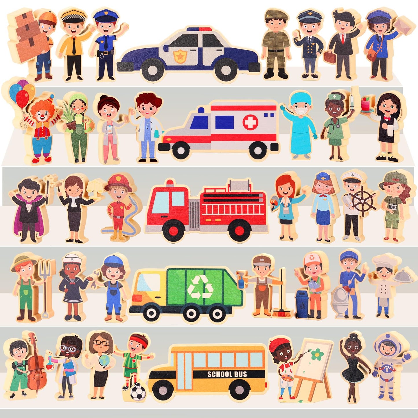 HIYZI - 40 pieces wooden community helpers for small people, professions, wooden blocks, professionals, children, simulation toys, multicultural numbers