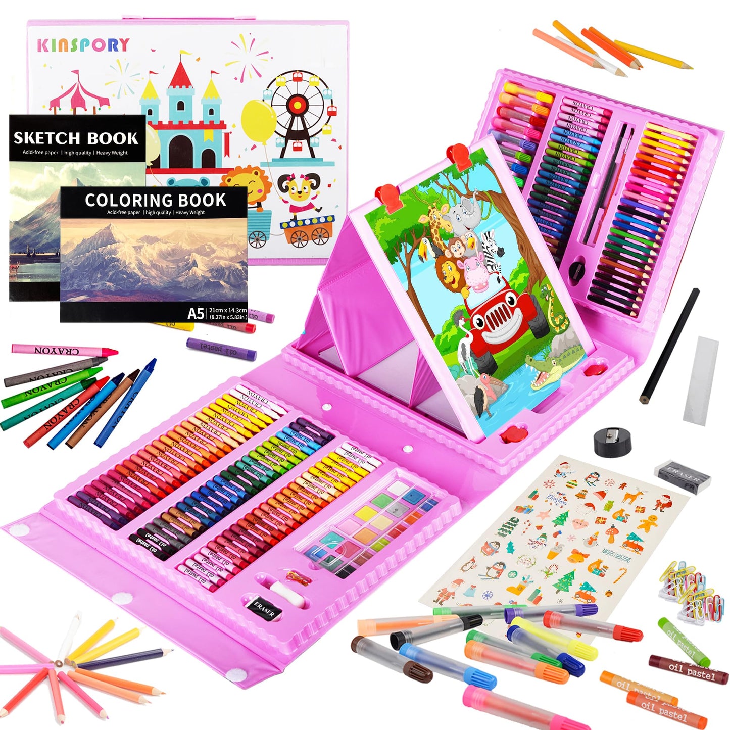 KINSPORY Art Kit, 290 Pack Art Set Crafts Drawing Kit for Kids, Double-Side Trifold Easel, Coloring Book, Sketch Pad, Pastels, Crayons, Pencils, Beginner Artists Gift (Pink)