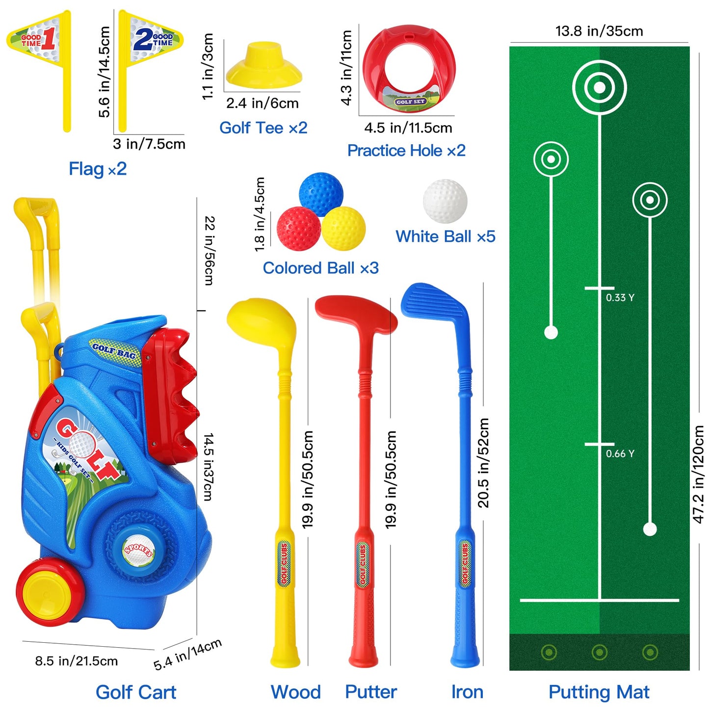 Jovizo Toddler Golf Set for Boys Girls 2 3 4 5 Years Old, Kids Golf Clubs Set with Cart & Putting Mat, Outdoor Indoor Sports Toys Birthday Gift, Blue