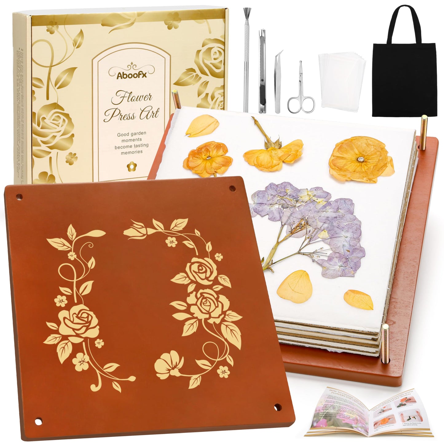 Aboofx Extra Large Wooden Flower Press Kit with Carrying Bag, 10 Layers 10" x 10" Flower Pressing Kit DIY Arts and Craft Kit for Adults, DIY Pressed Flower Plant Preservation Kit Gift