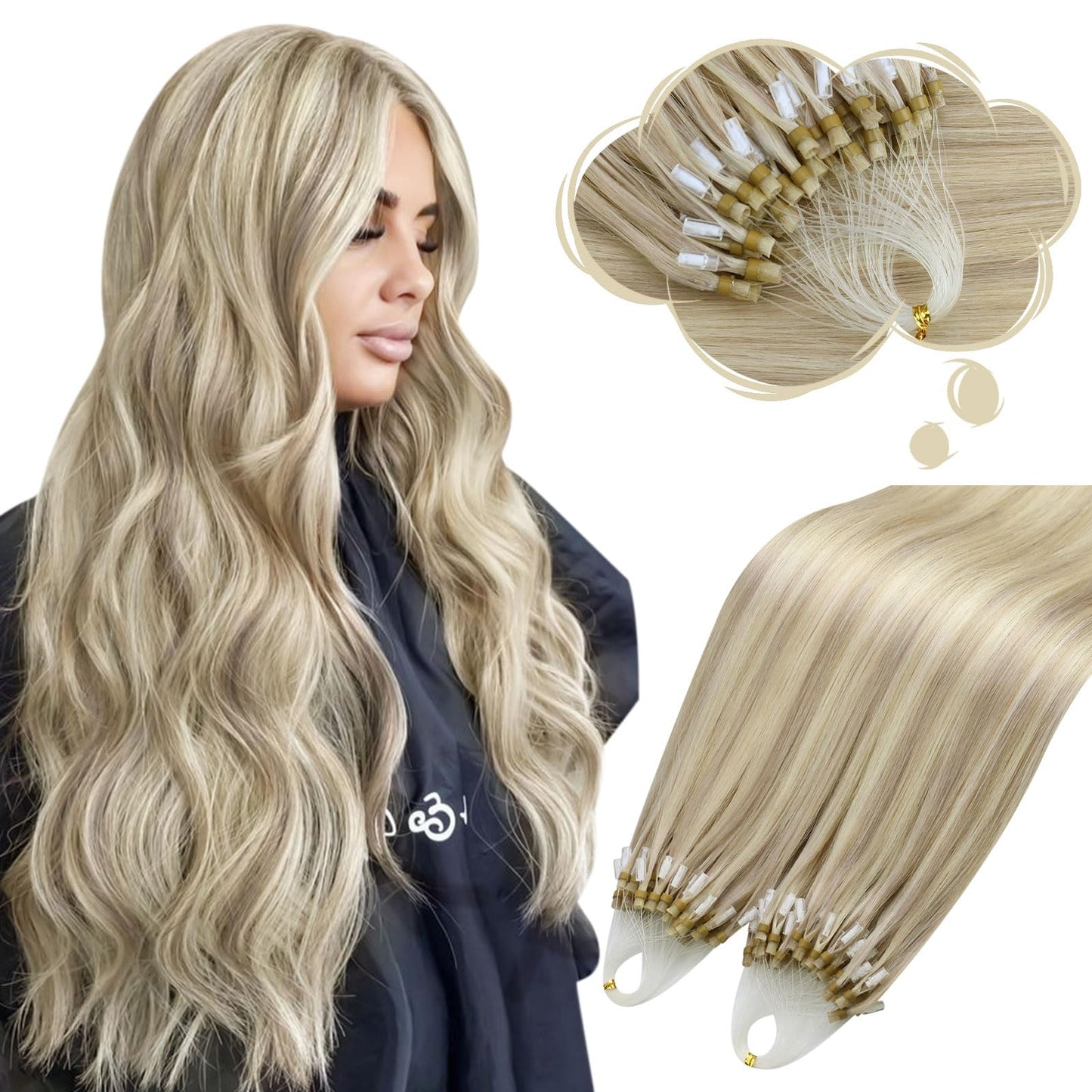 Moresoo Micro Loop Hair Extensions Real Human Hair Blonde Microbead Hair Extensions Ash Blonde with Bleach Blonde Hair Extensions Micro Loop Human Hair Extensions Highlighted 50G/50S 20 Inch #P18/613