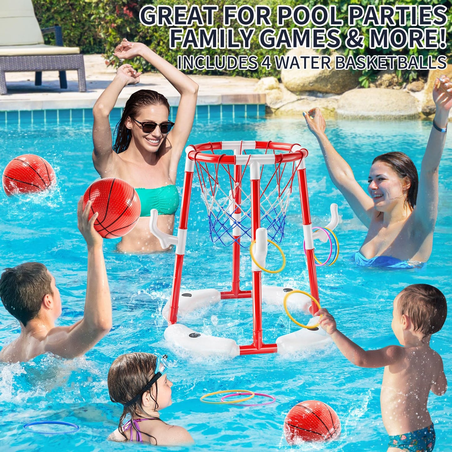 NIPLOOOW Pool Basketball Hoop, 2-in-1 Floating Pool Toys Ring Game with 4 Balls and Pump, Outdoor Swimming Pool Basketball Games Water Play Toy Family Party for Kids Adults Age 3-12 (Red)