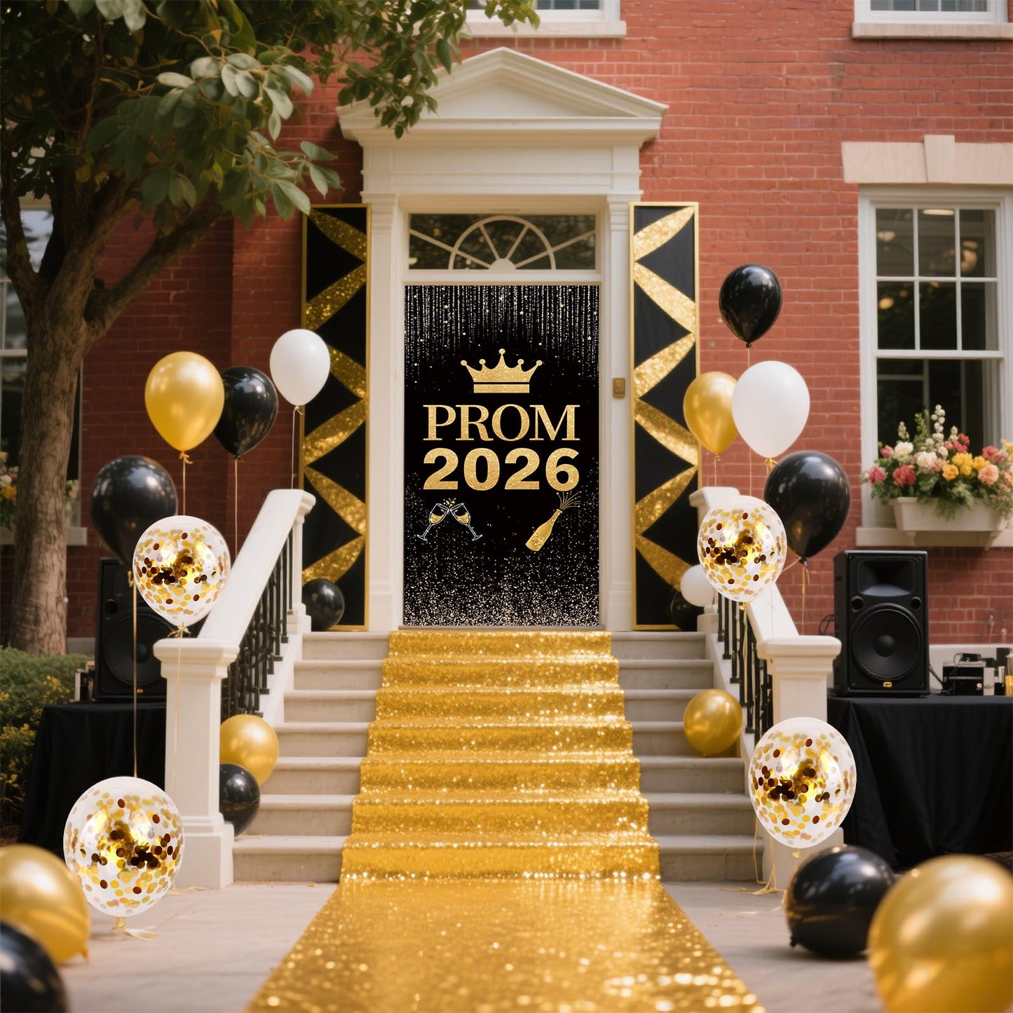Prom 2026 Party Decorations Set Glitter Carpet Runner 15 x 2ft Runway Rug for Prom Party with Prom 2026 Door Banner, Tinsel Foil Fringe Curtains, Balloons for Graduation Prom Decoration (Gold)