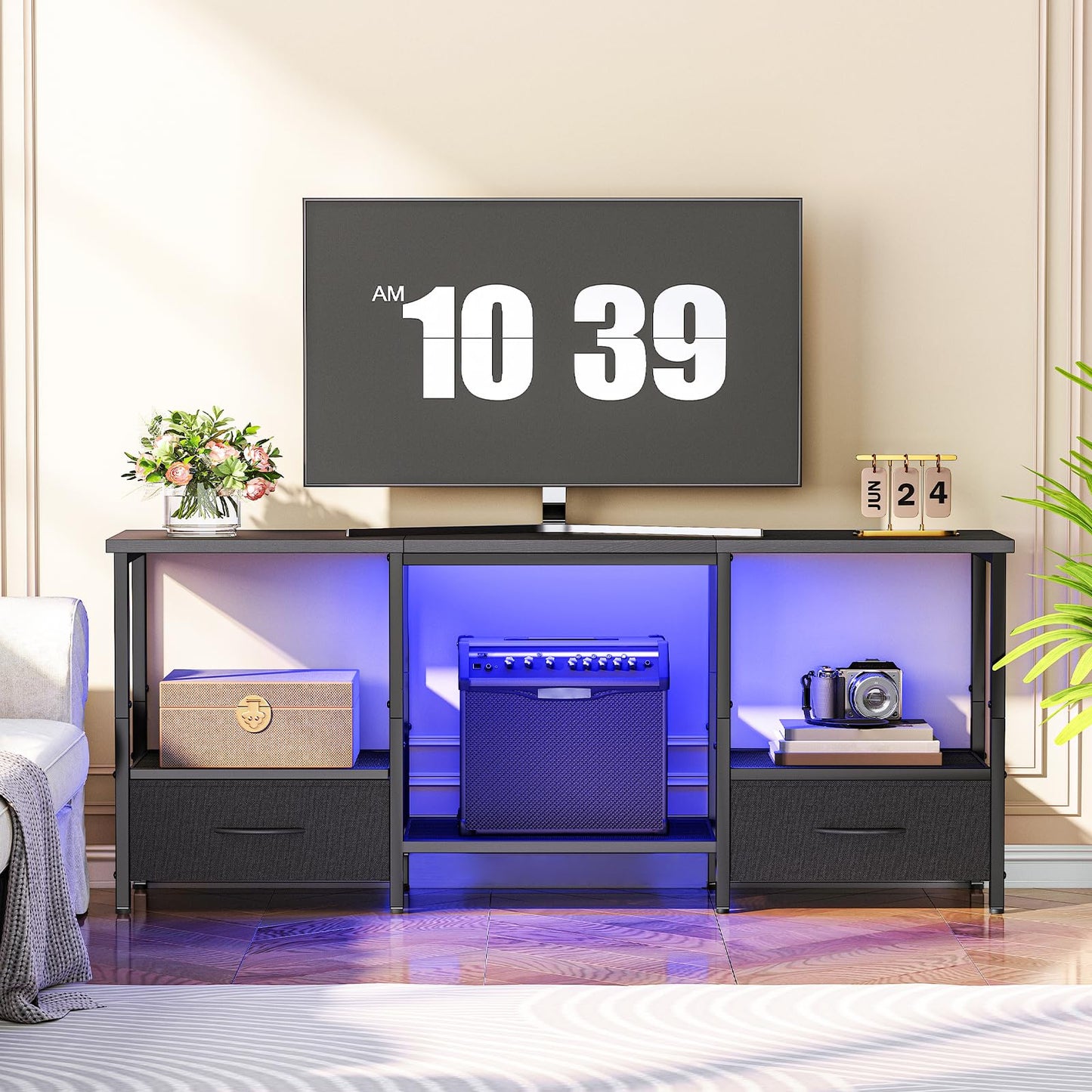 HOOBRO LED TV Stand with Storage, LED Entertainment Center with Open Shelves and Drawer, Fits TVs up to 55", Television Stand for Living Room, Bedroom, Black BB123DDS01G1